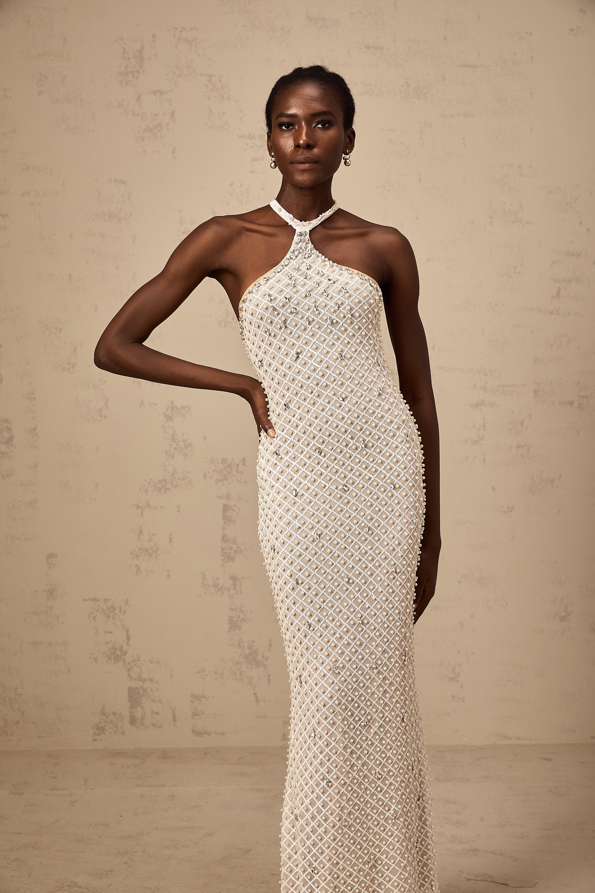 Claudine white embellished halterneck maxi dress