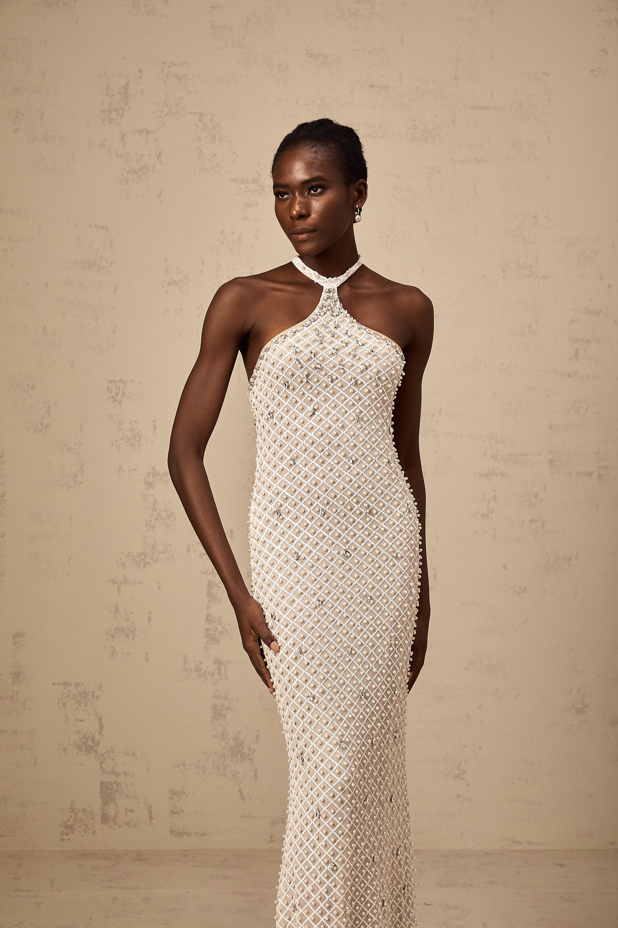 Claudine white embellished halterneck maxi dress