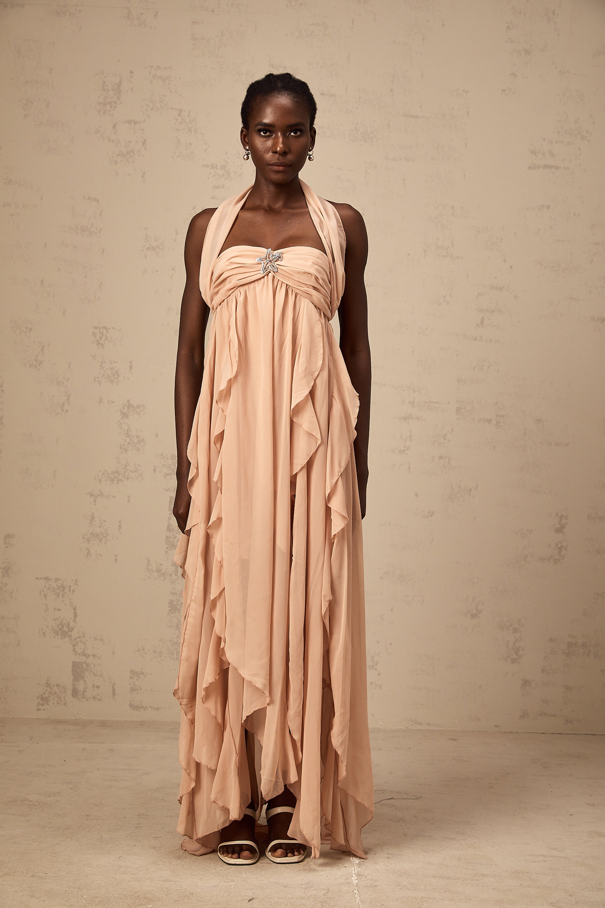 Mariah pink chiffon ruffle halter neck maxi dress