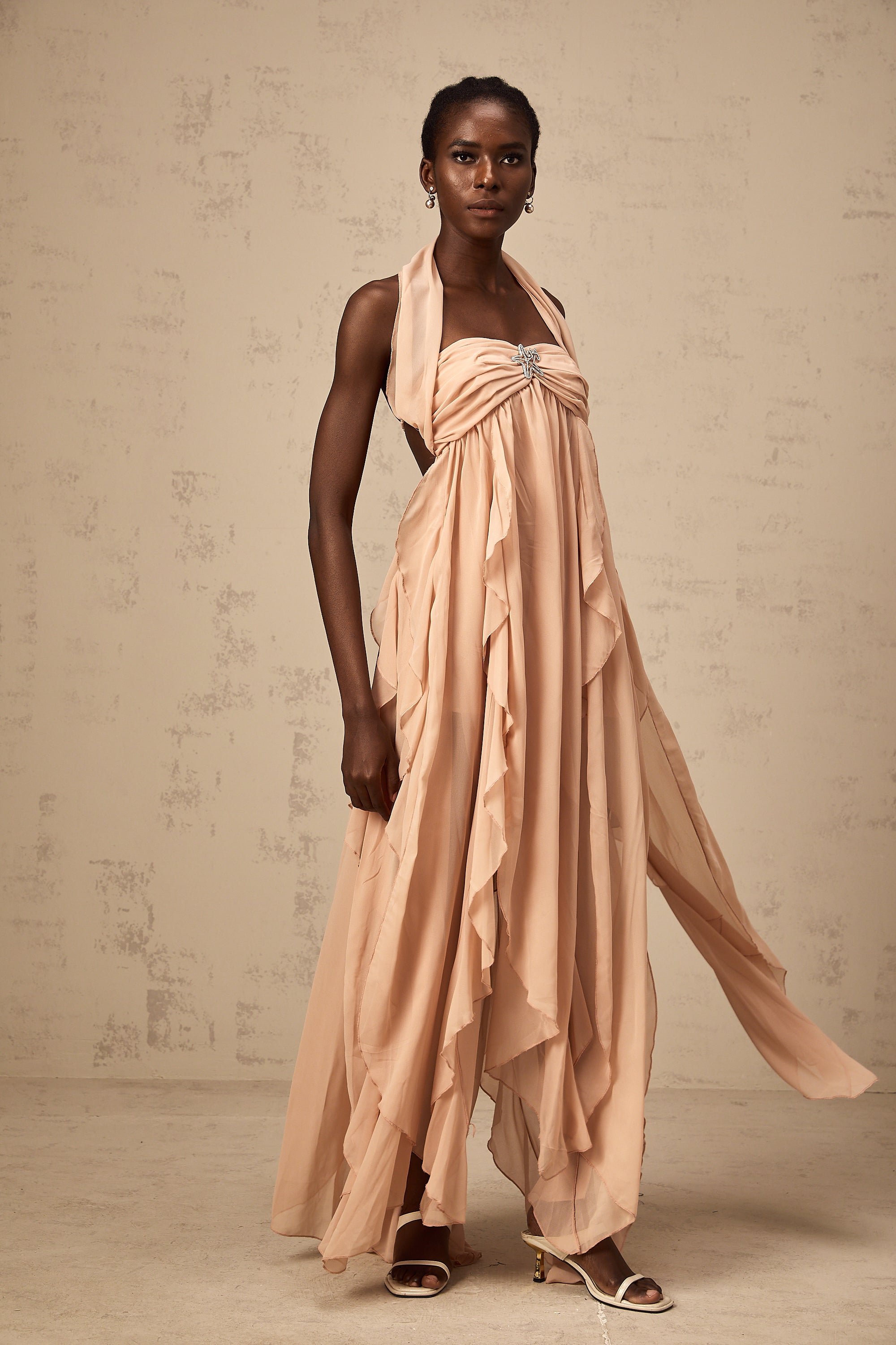 Mariah pink chiffon ruffle halter neck maxi dress