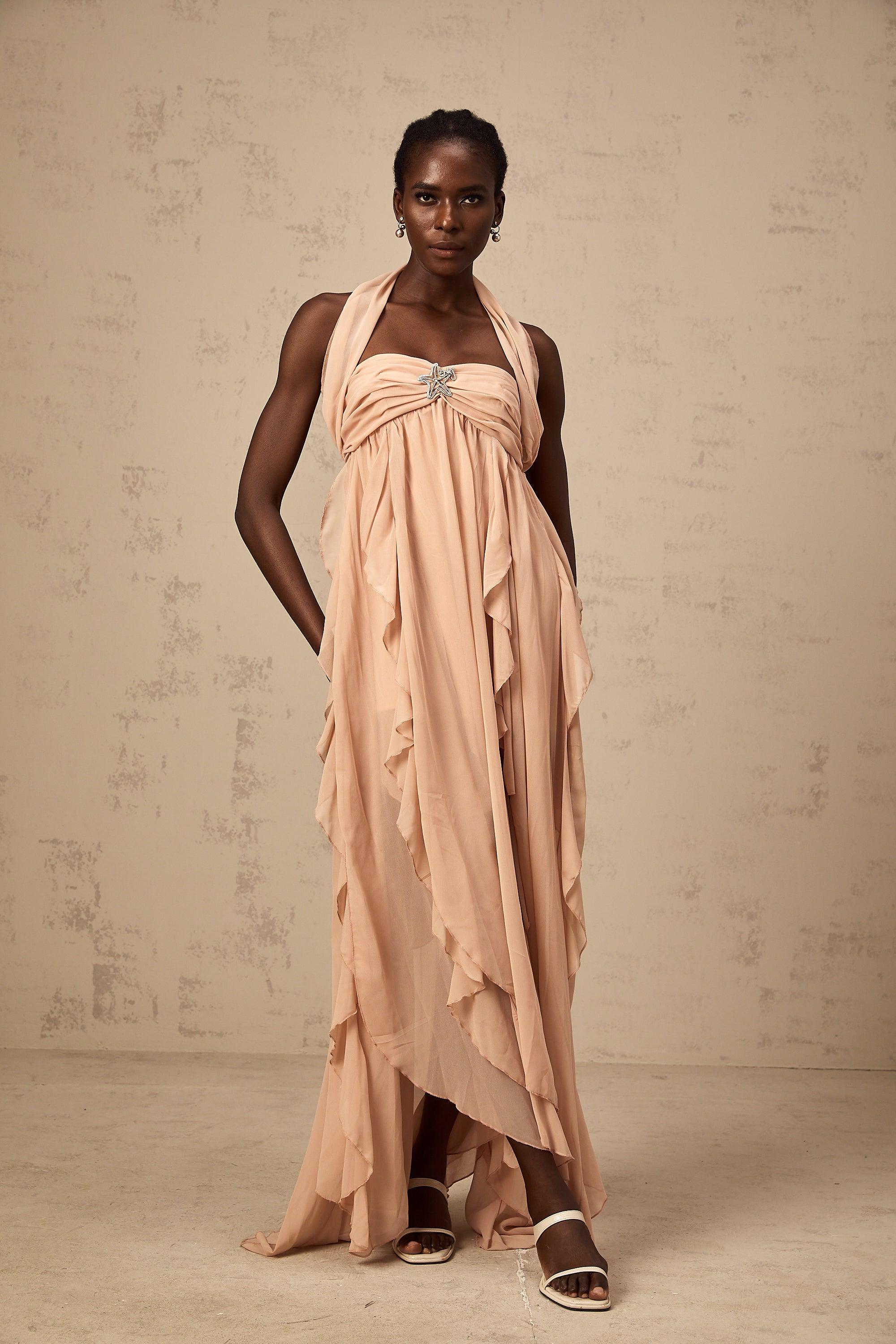 Mariah pink chiffon ruffle halter neck maxi dress