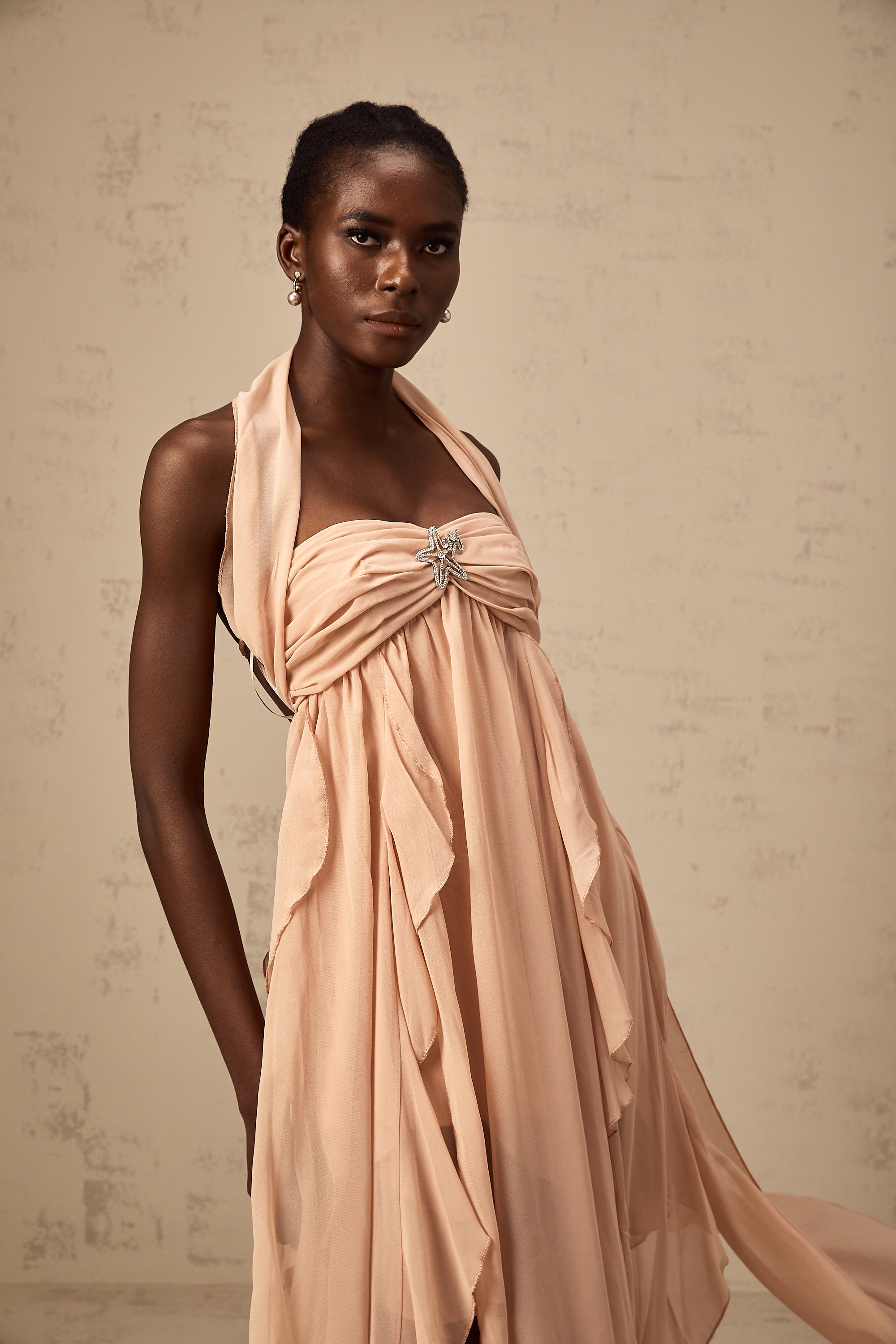 Mariah pink chiffon ruffle halter neck maxi dress