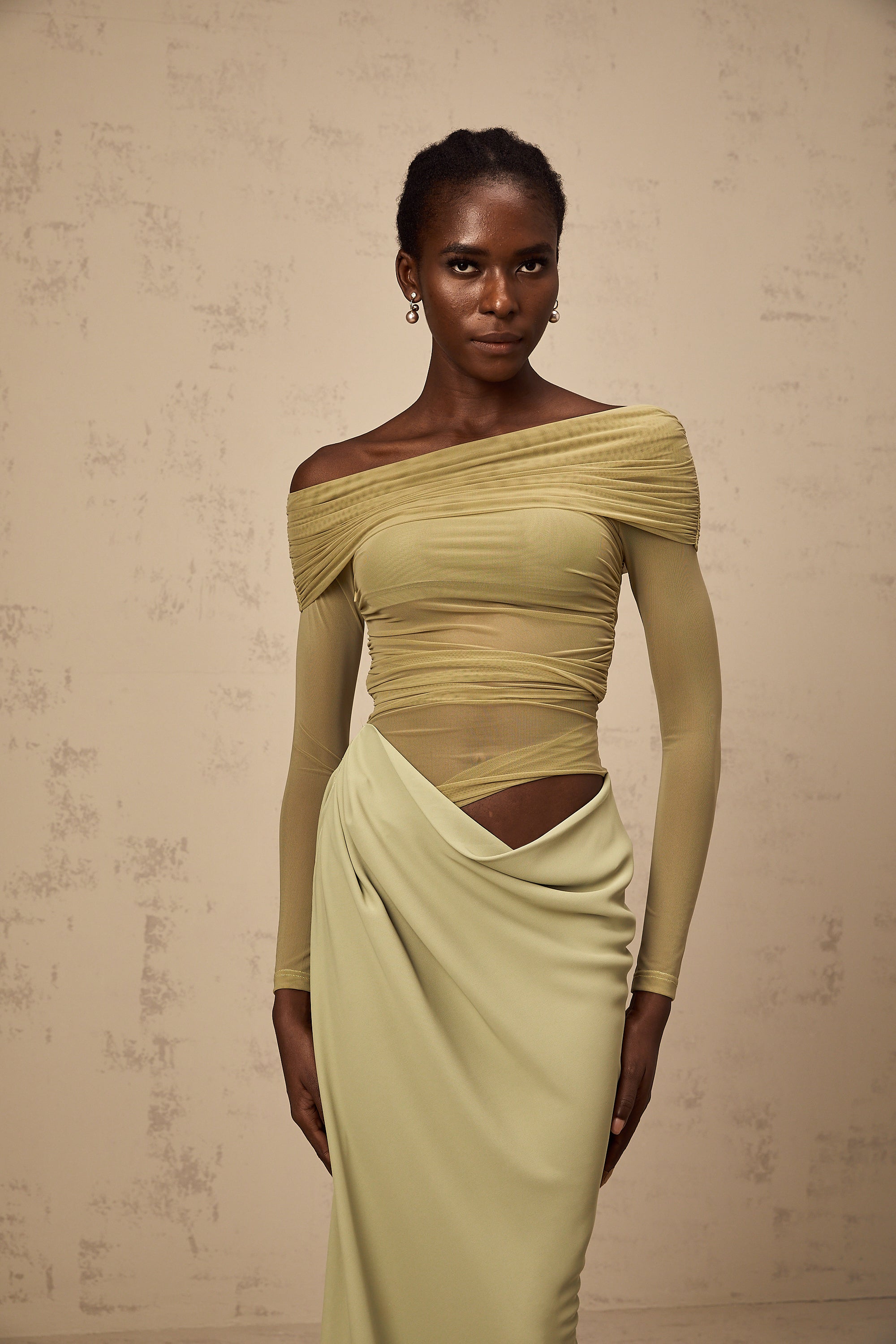 Estelle green off-shoulder semi-sheer midi dress