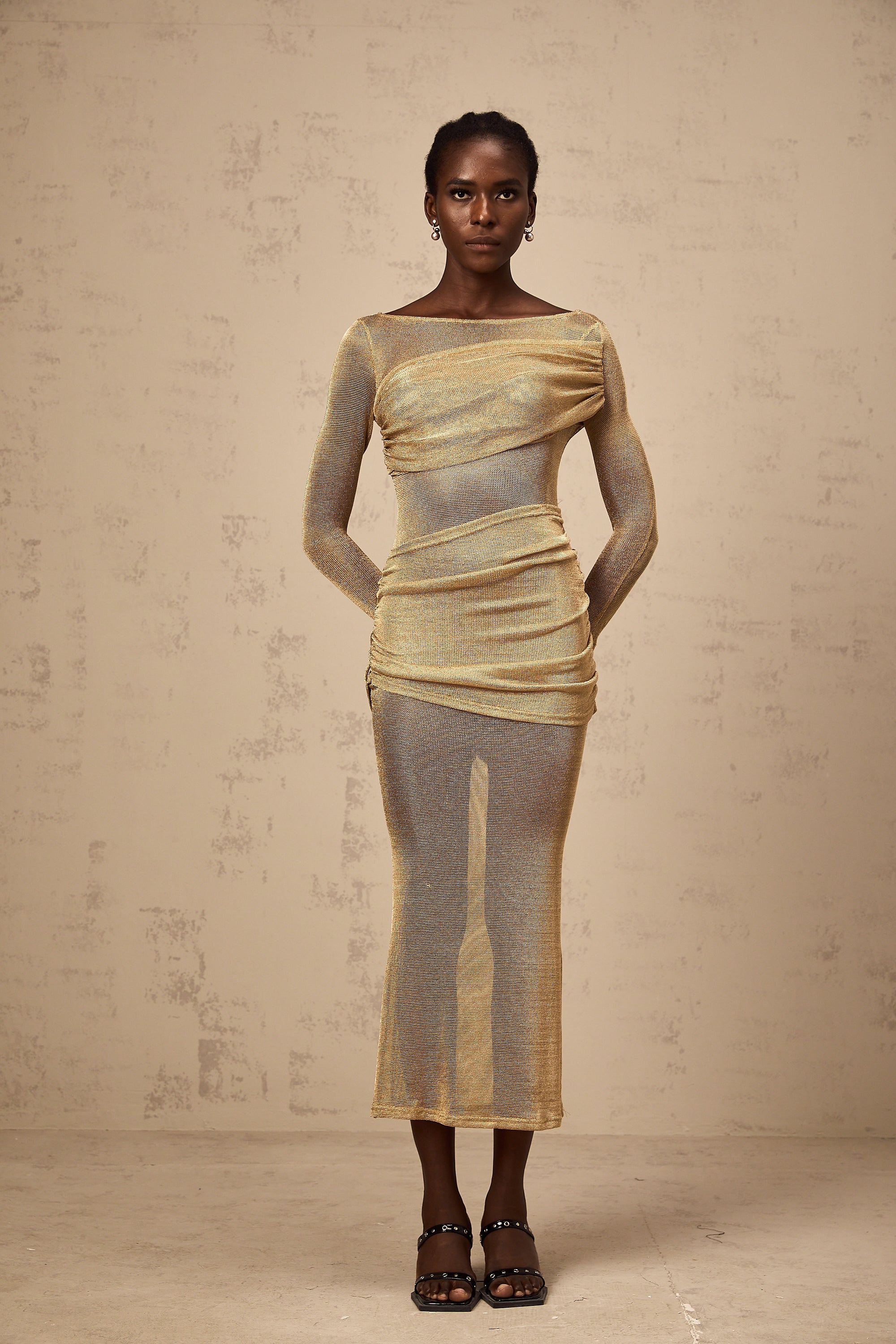 Aline gold smocked metalic midi dress