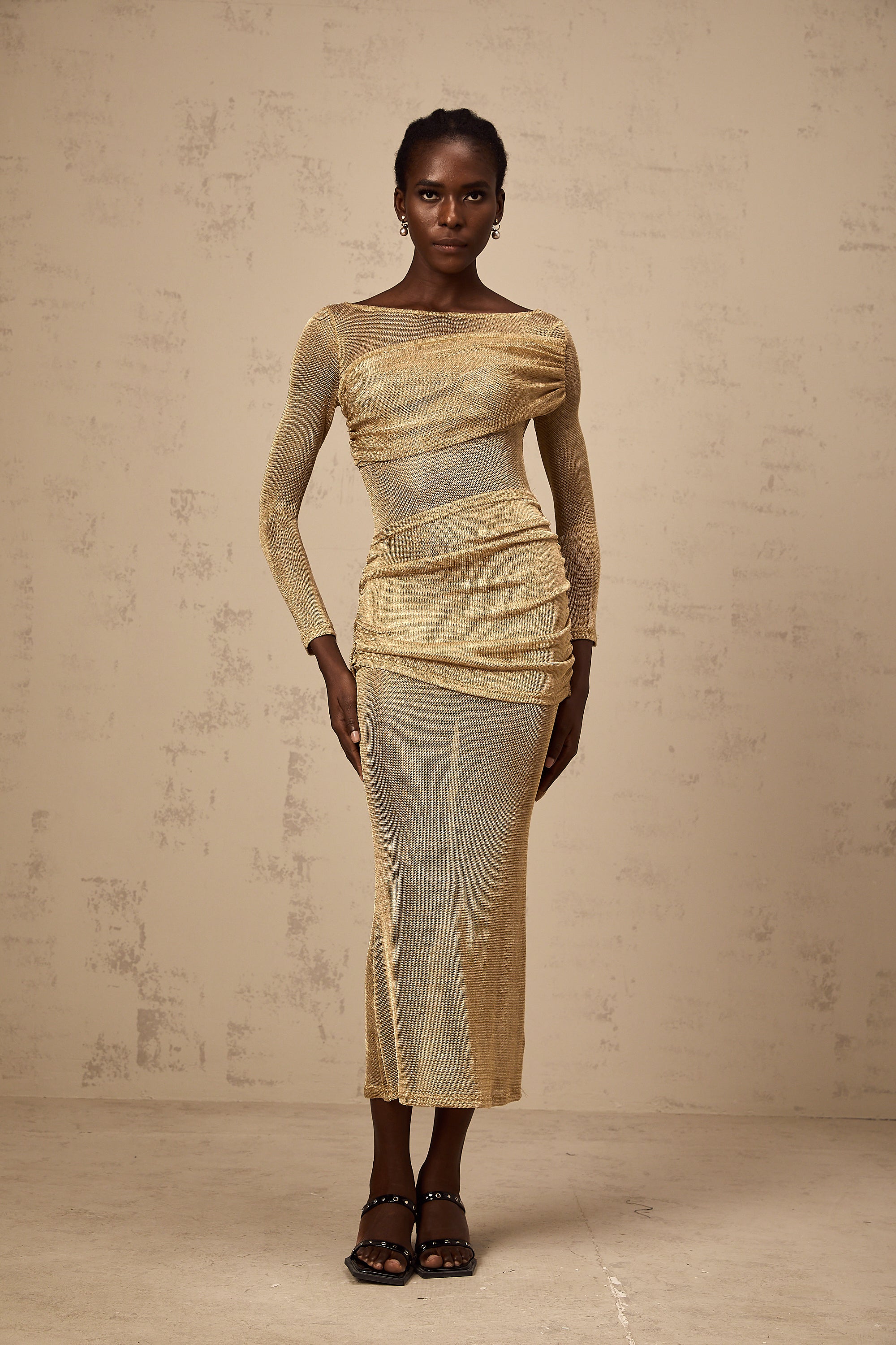 Aline gold smocked metalic midi dress