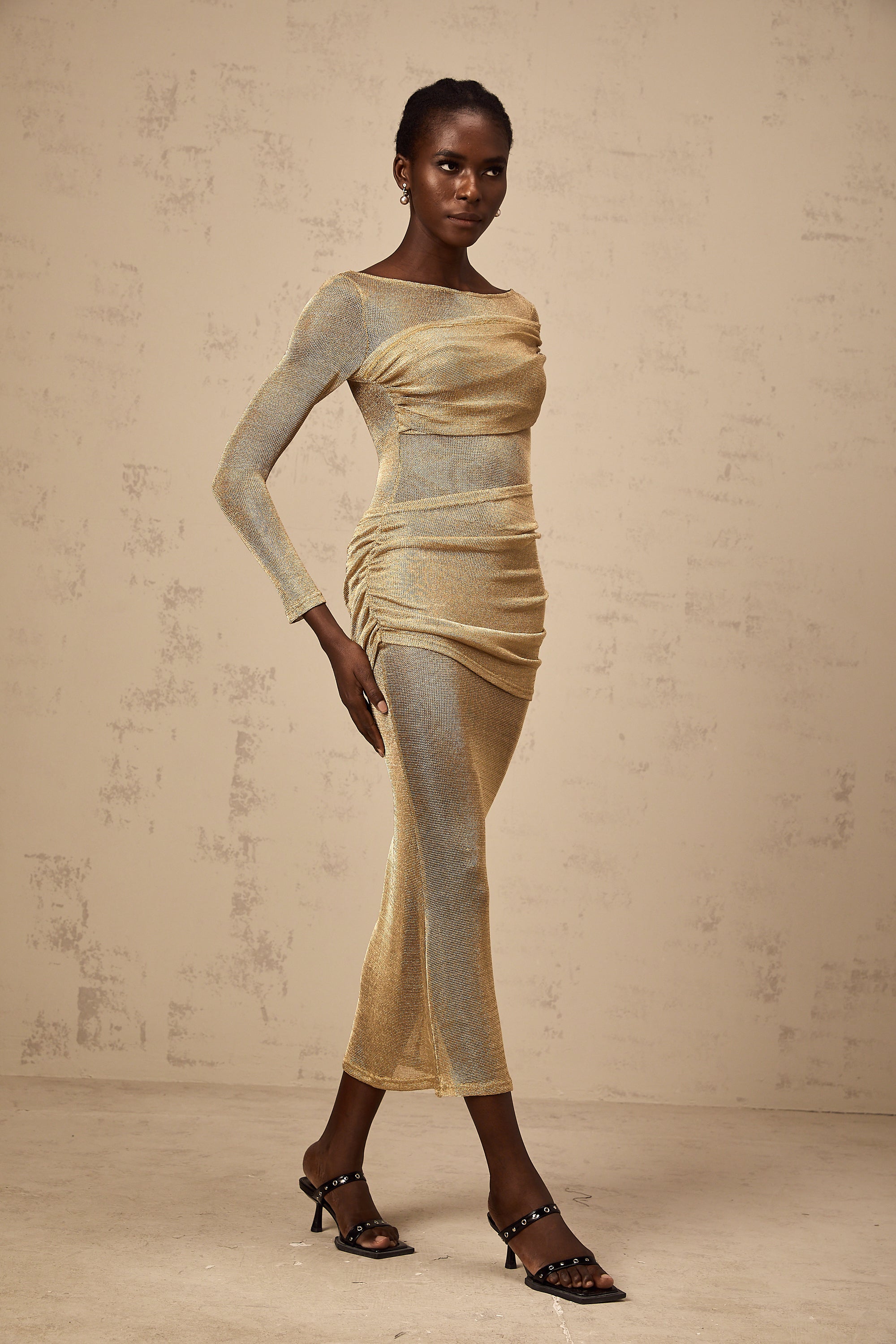 Aline gold smocked metalic midi dress