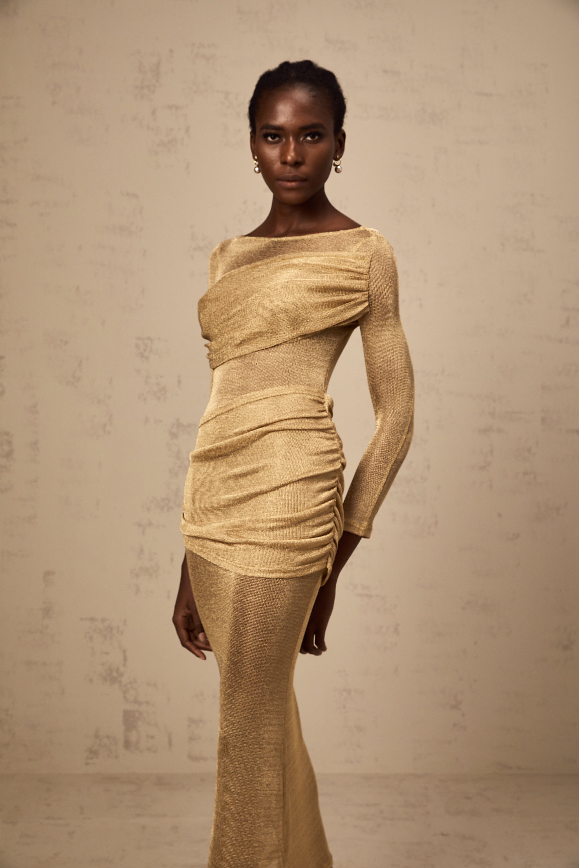 Aline gold smocked metalic midi dress