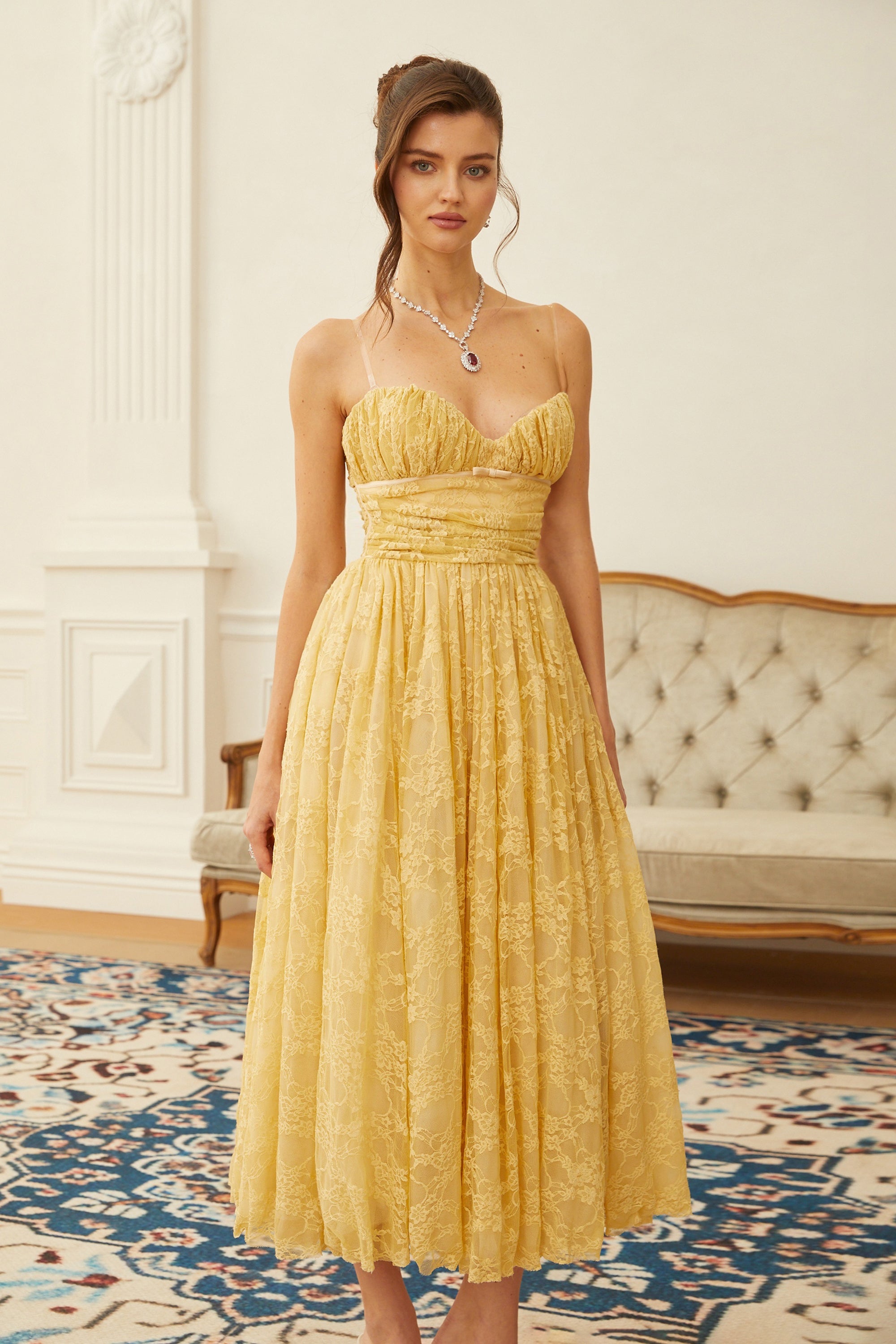 Jade Gold Floral Lace Tulle Midi Dress