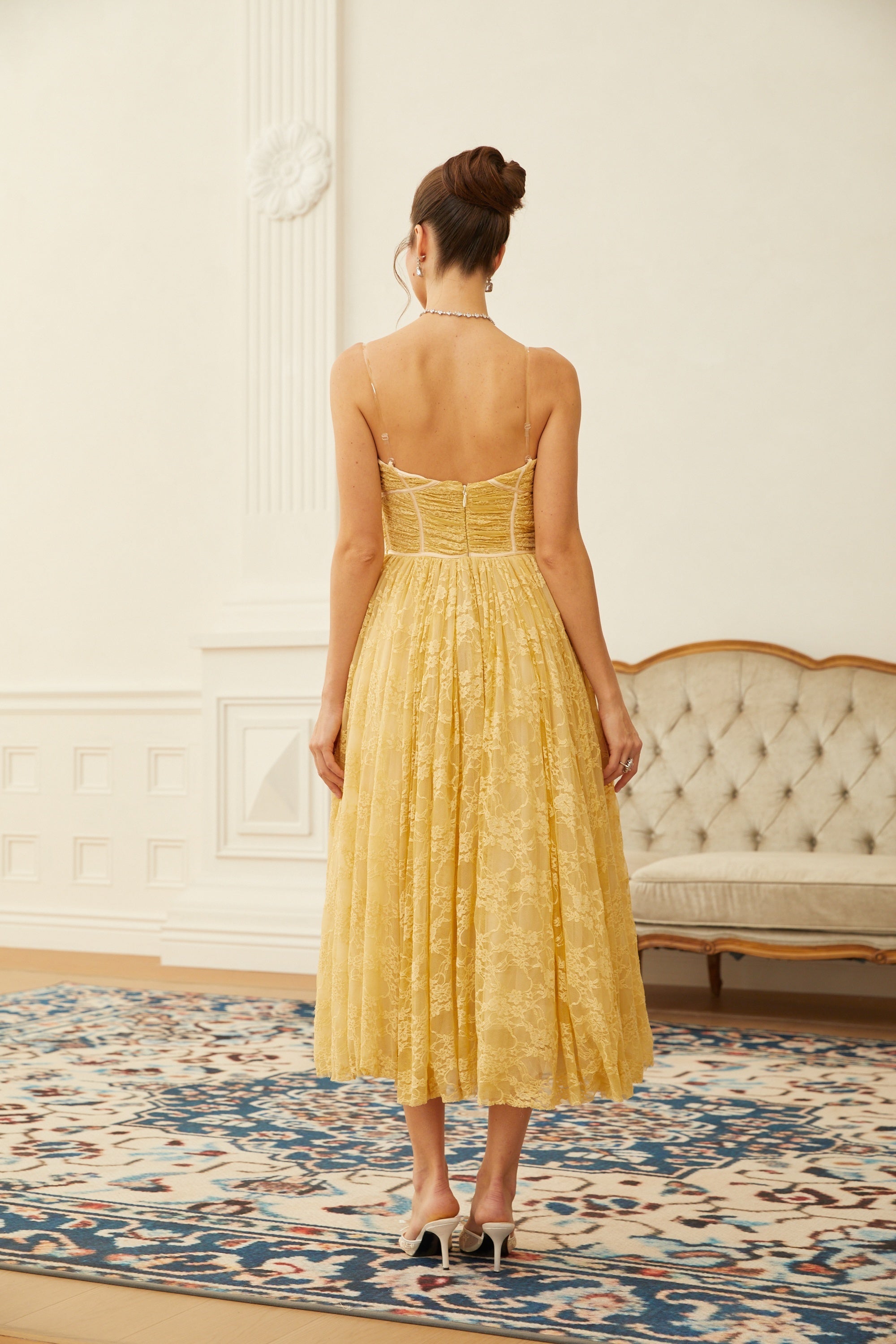 Jade Gold Floral Lace Tulle Midi Dress