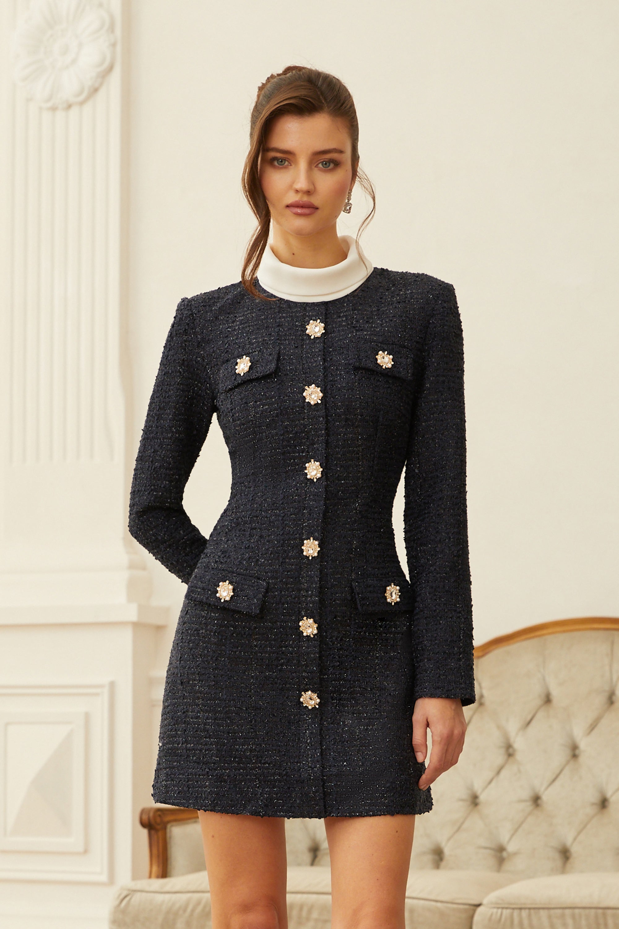 美品　TWEED DRESS Fiona Navy Blue Embellished Tweed Mini Dress
