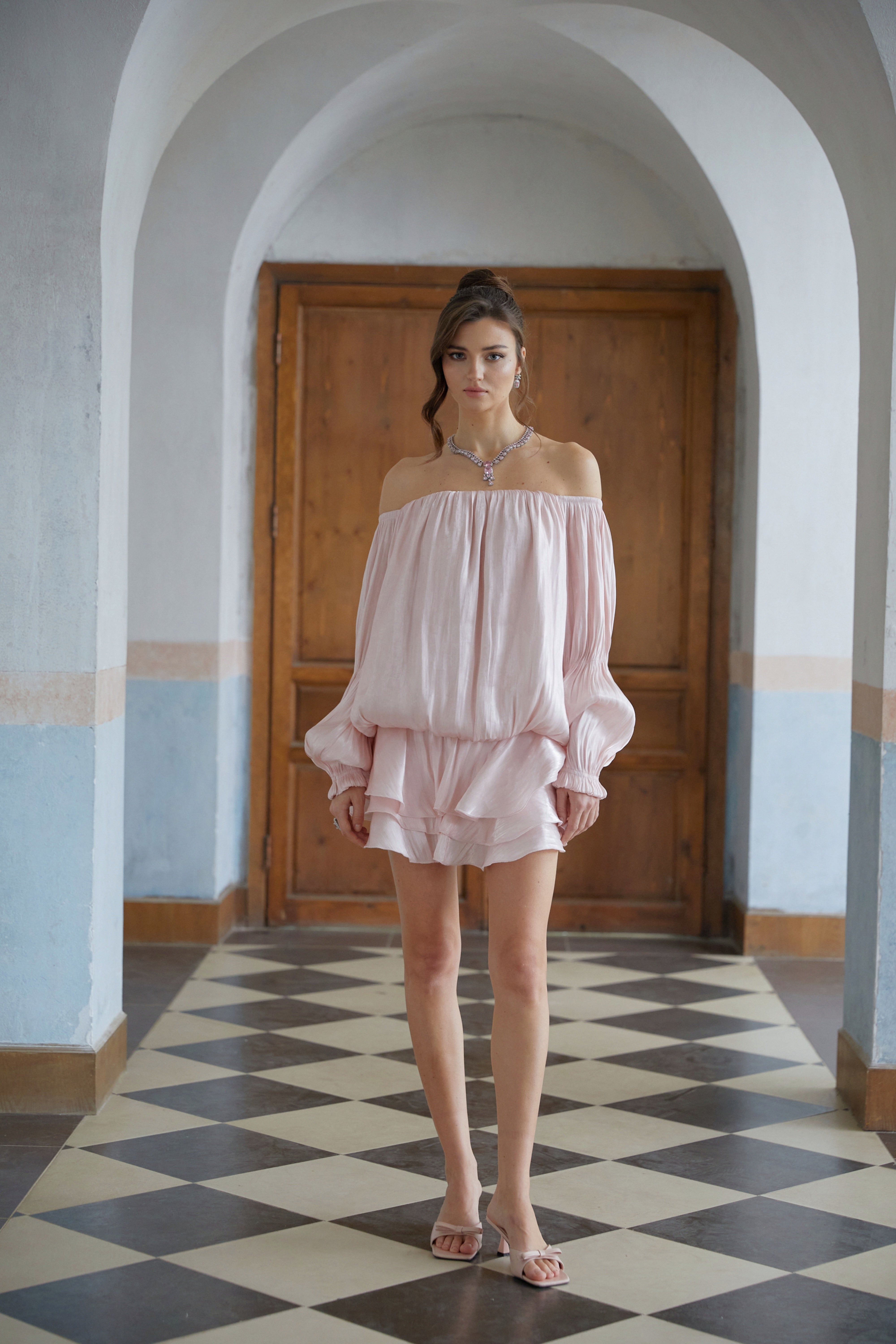 Zofia Pink Glossy Pleated Tiered Mini Dress