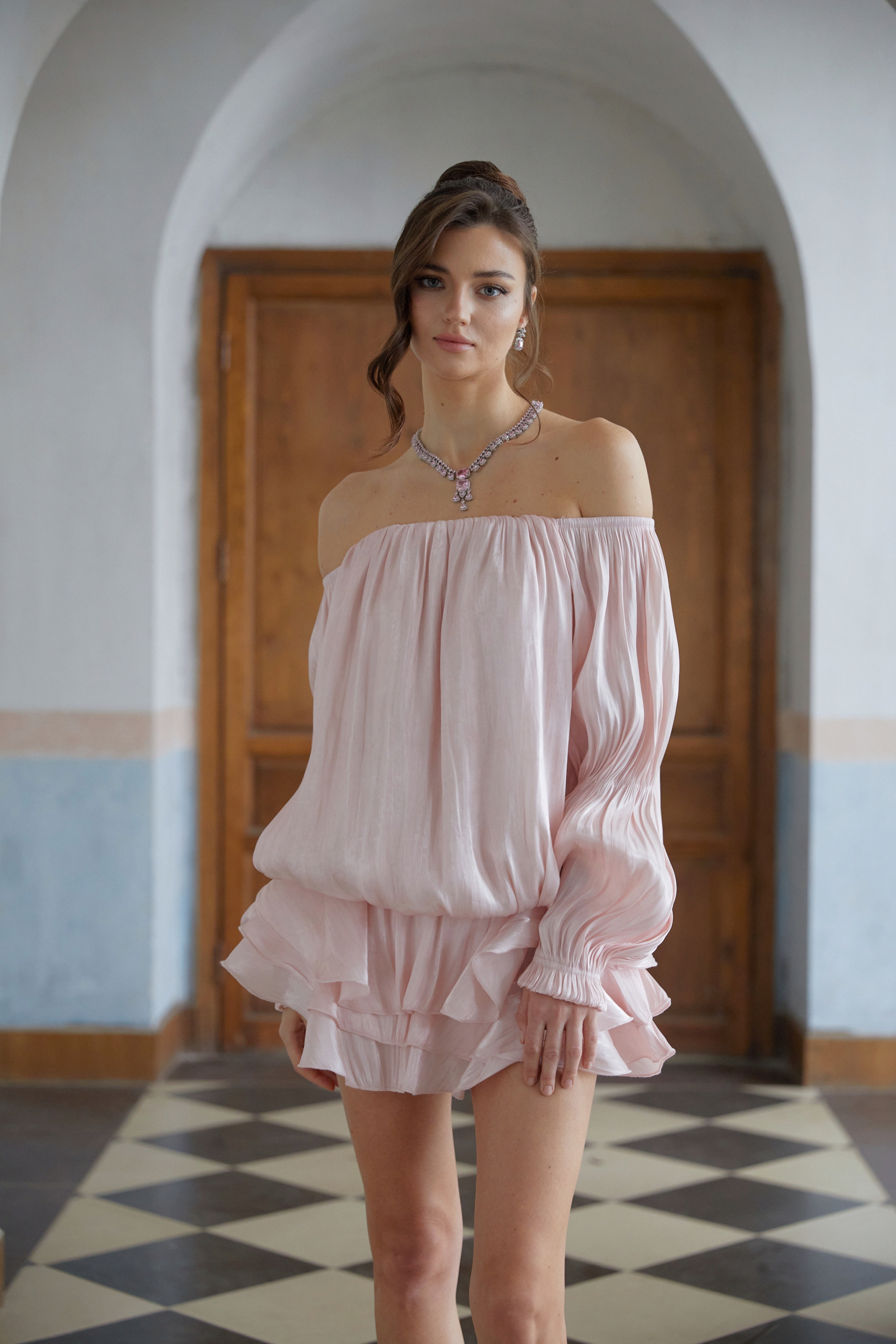 Zofia Pink Glossy Pleated Tiered Mini Dress