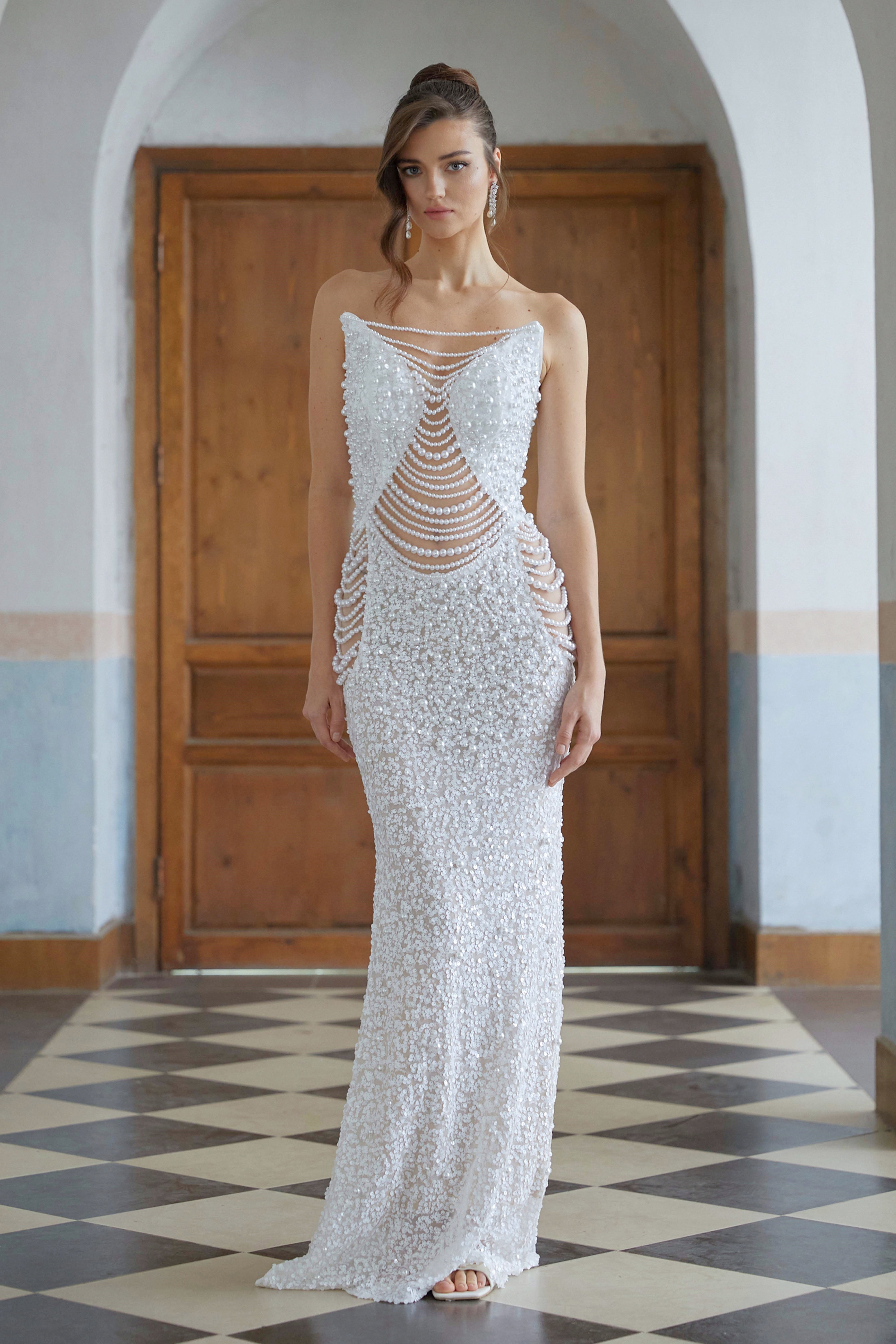 Iseult Weißes Maxikleid aus Kunstperlen-Mesh