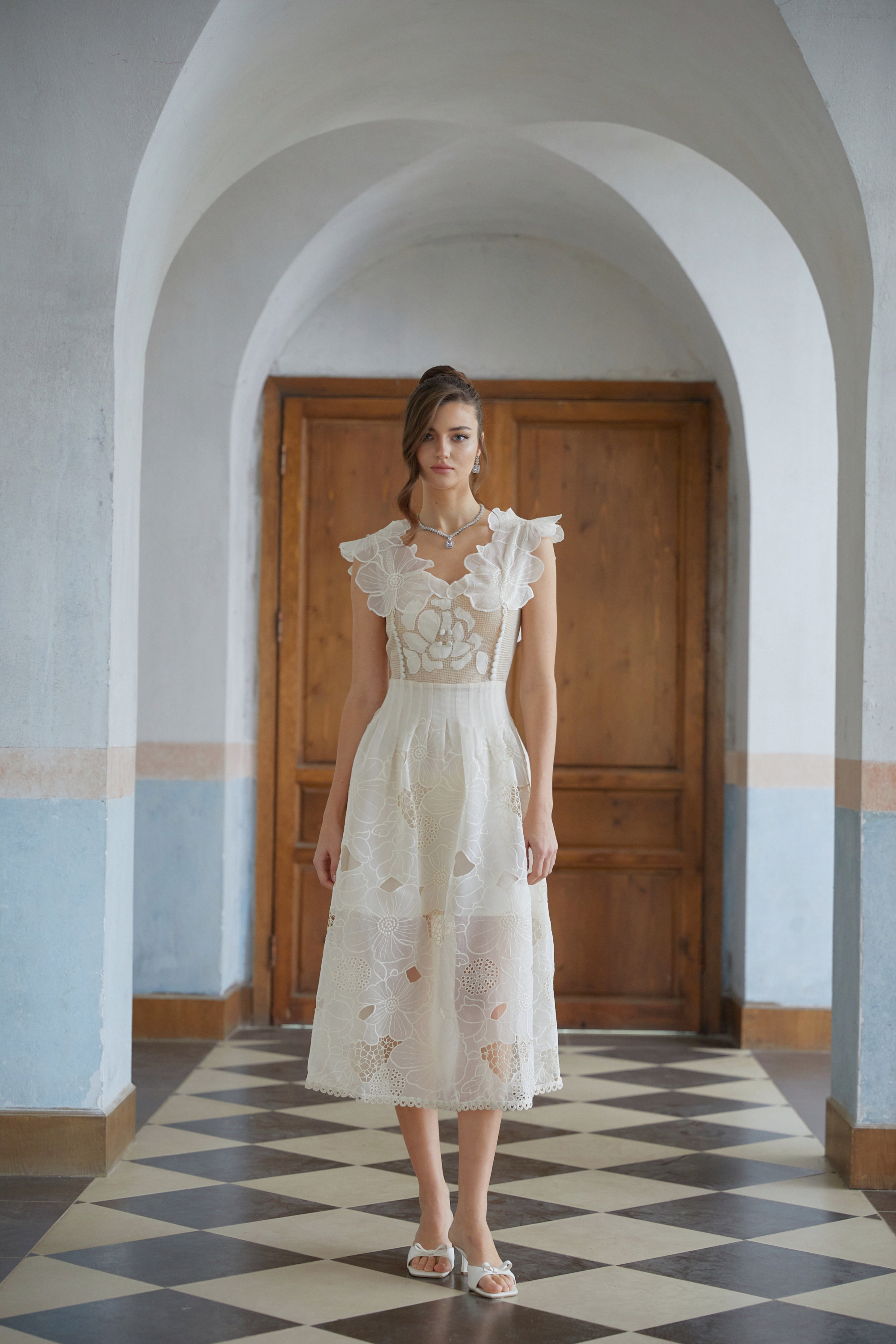 Anaïs neutrals beaded floral-embroidered midi dress