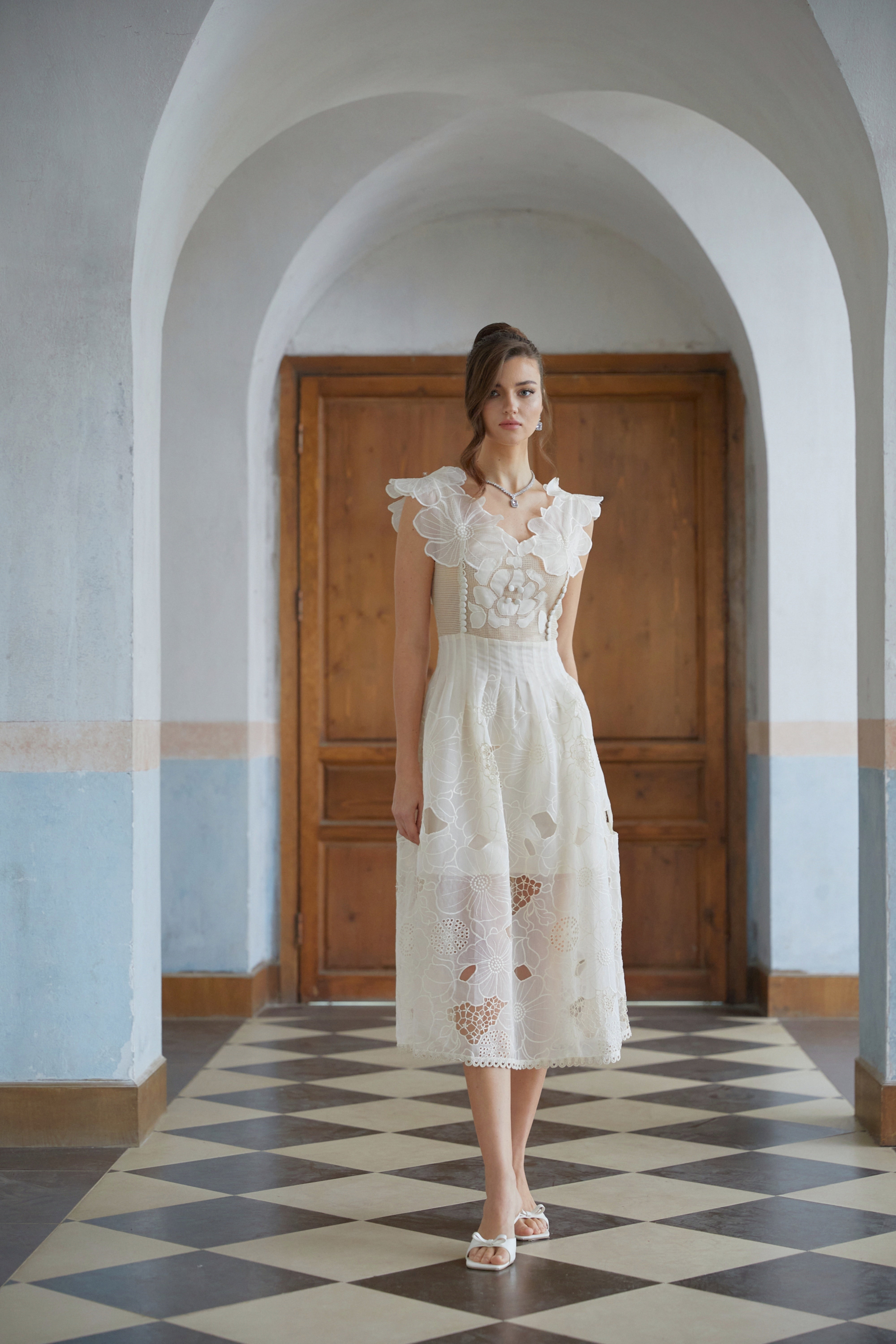 Anaïs neutrals beaded floral-embroidered midi dress