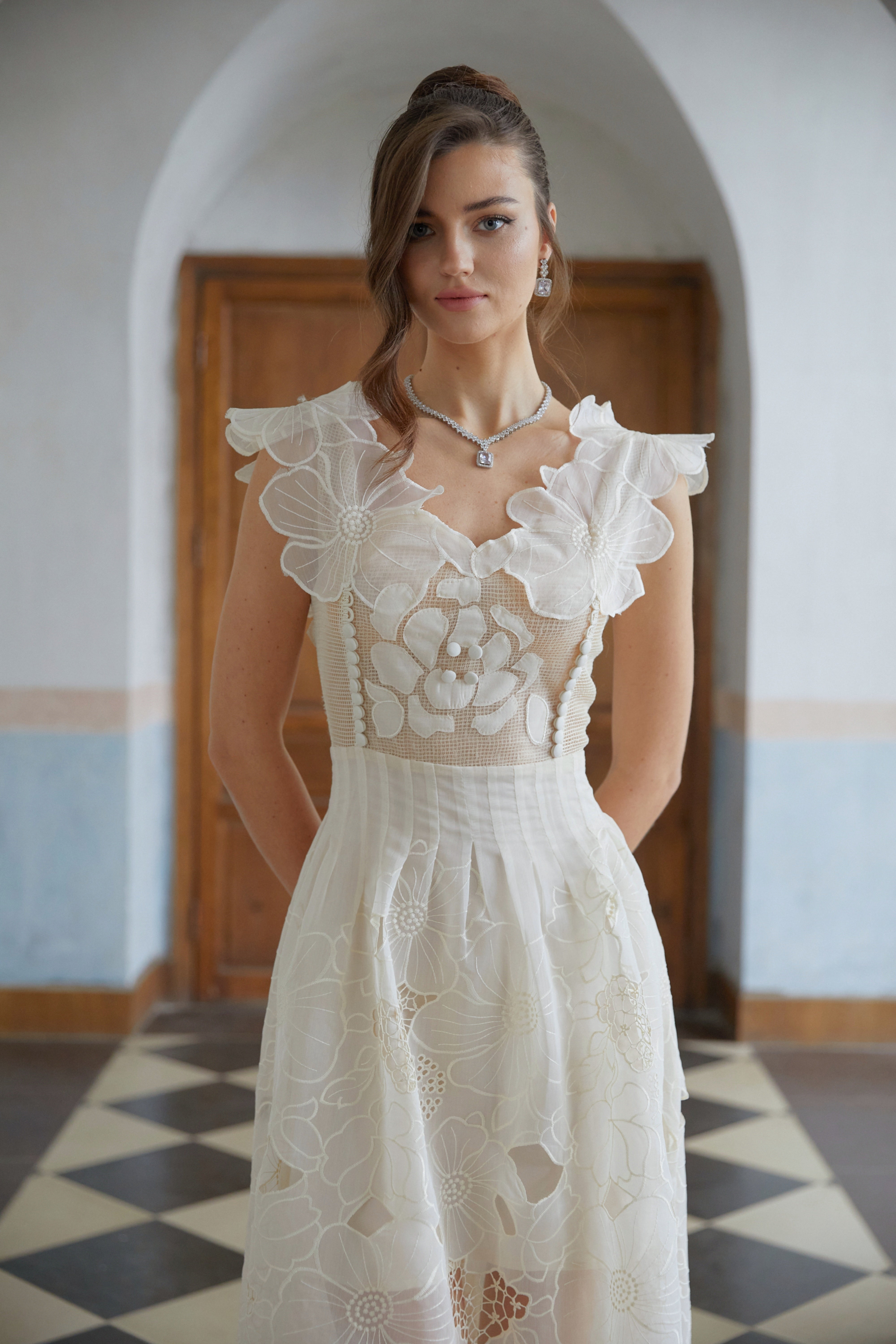 Anaïs neutrals beaded floral-embroidered midi dress