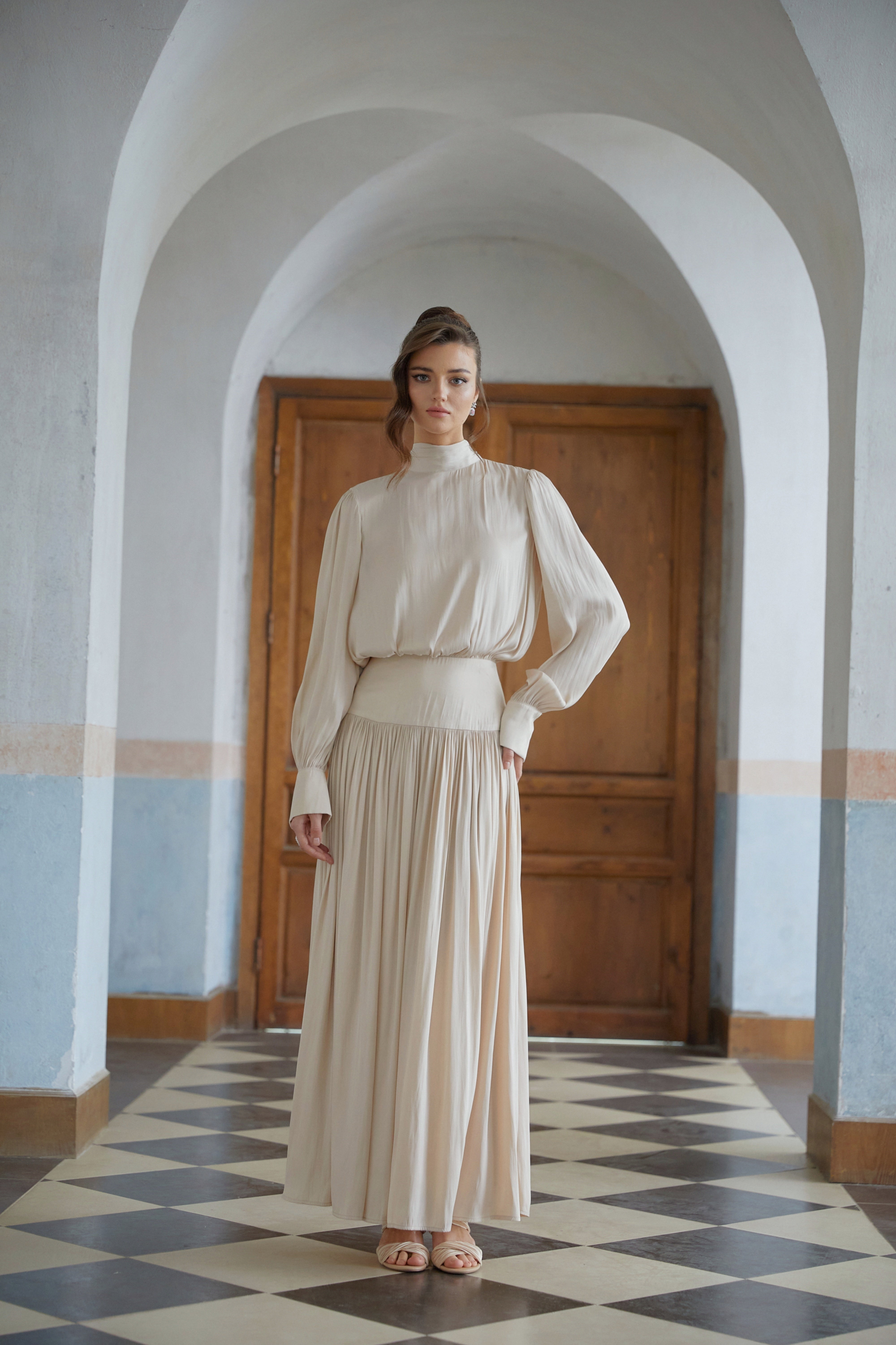 Valérie Neutral Self-Tie Pleated Maxi Dress