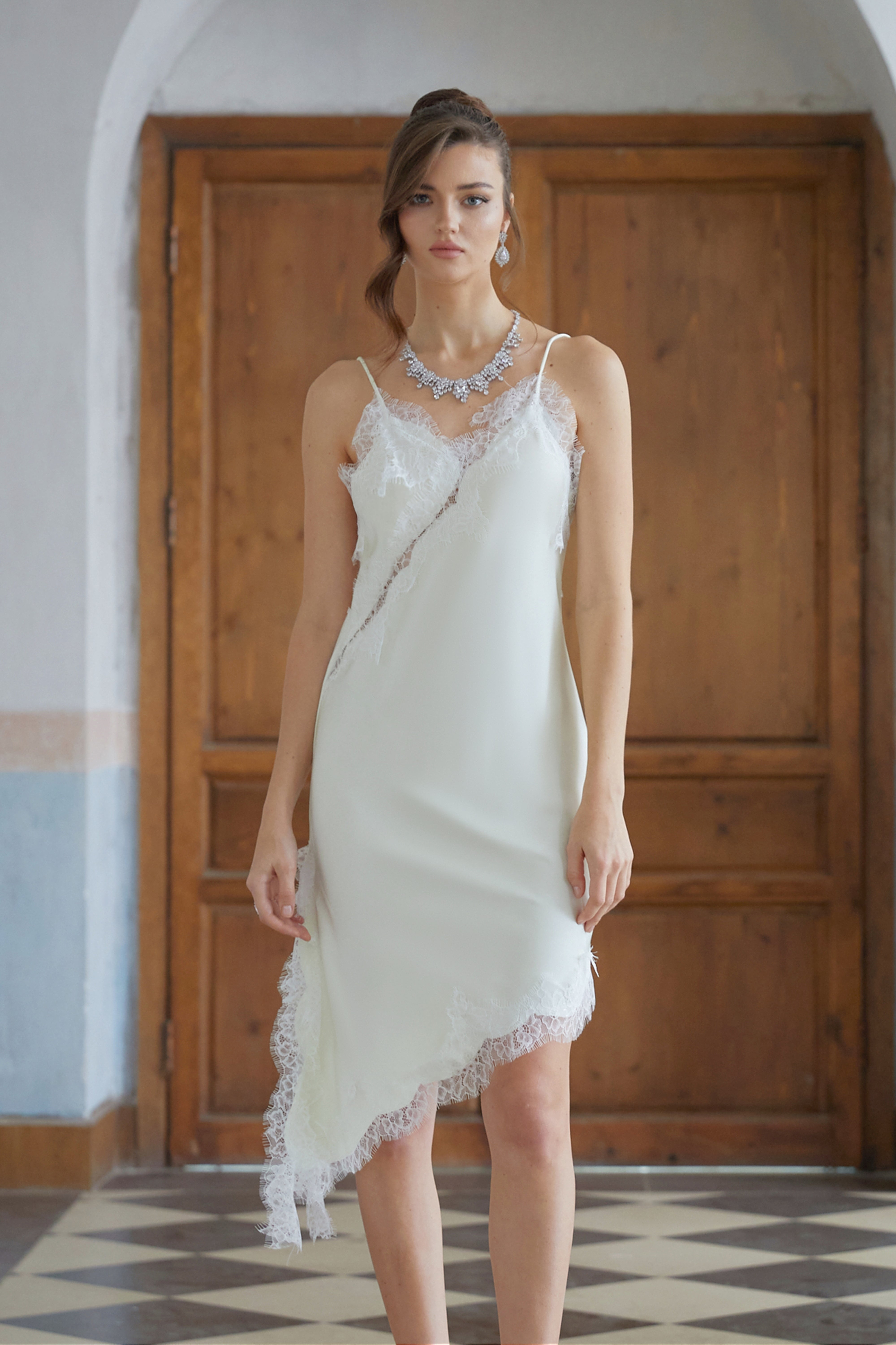 Méabh Neutral Lace Panel Satin Midi Dress