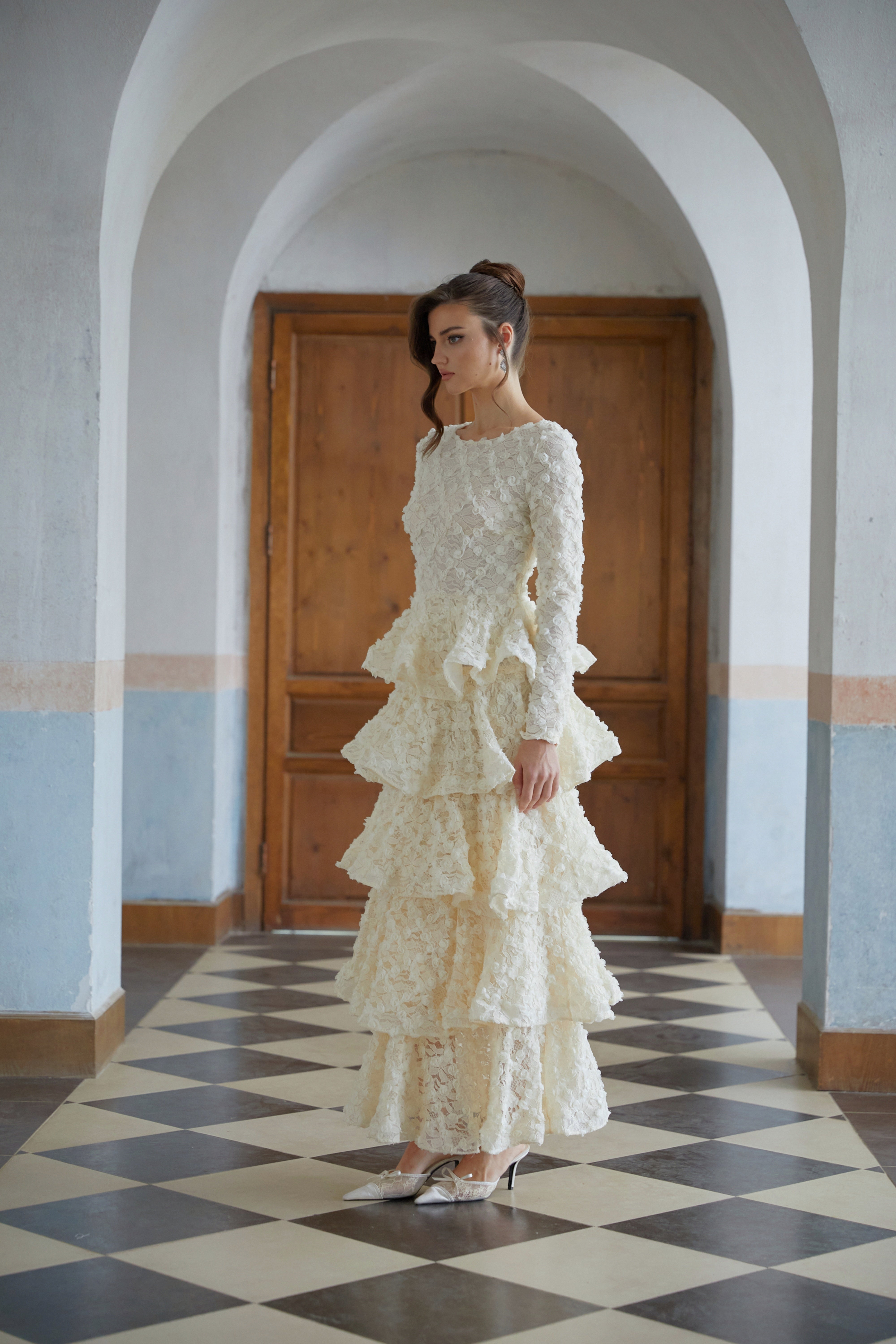 Halla Neutral Tiered Floral Lace Maxi Dress