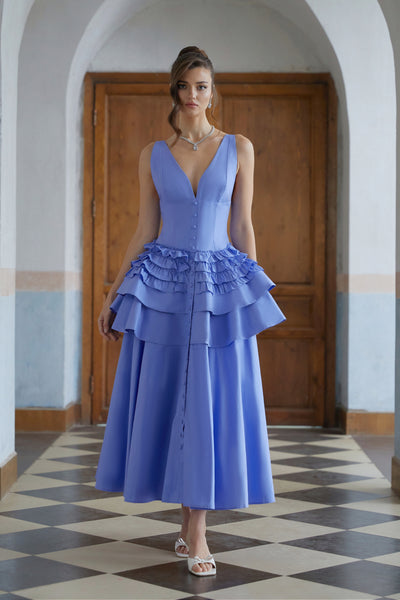 Embla Blue Ruffled Tiered Midi Dress, XXXL / Blue
