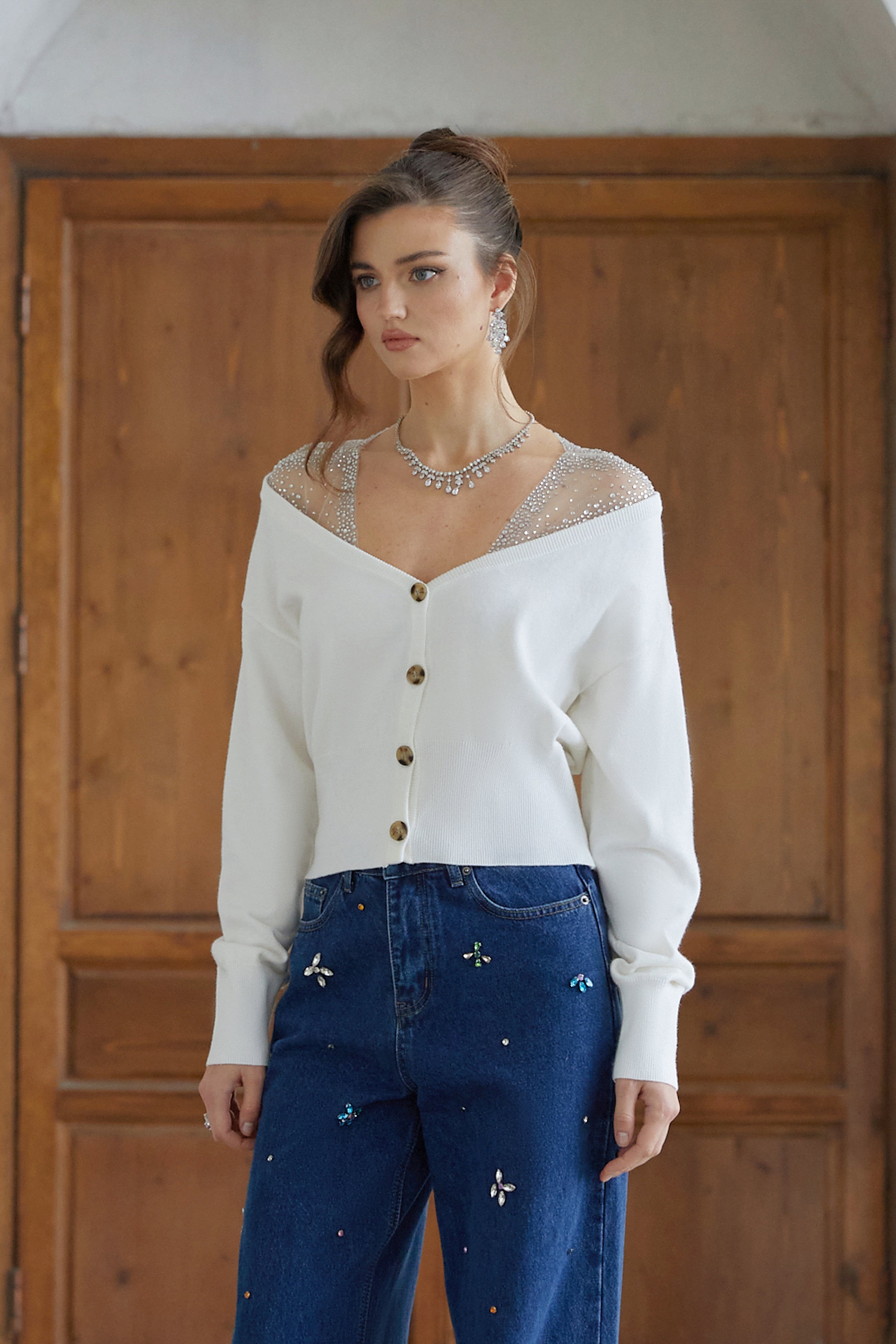 Evie White Rhinestone Tulle Panel Knit Cardigan
