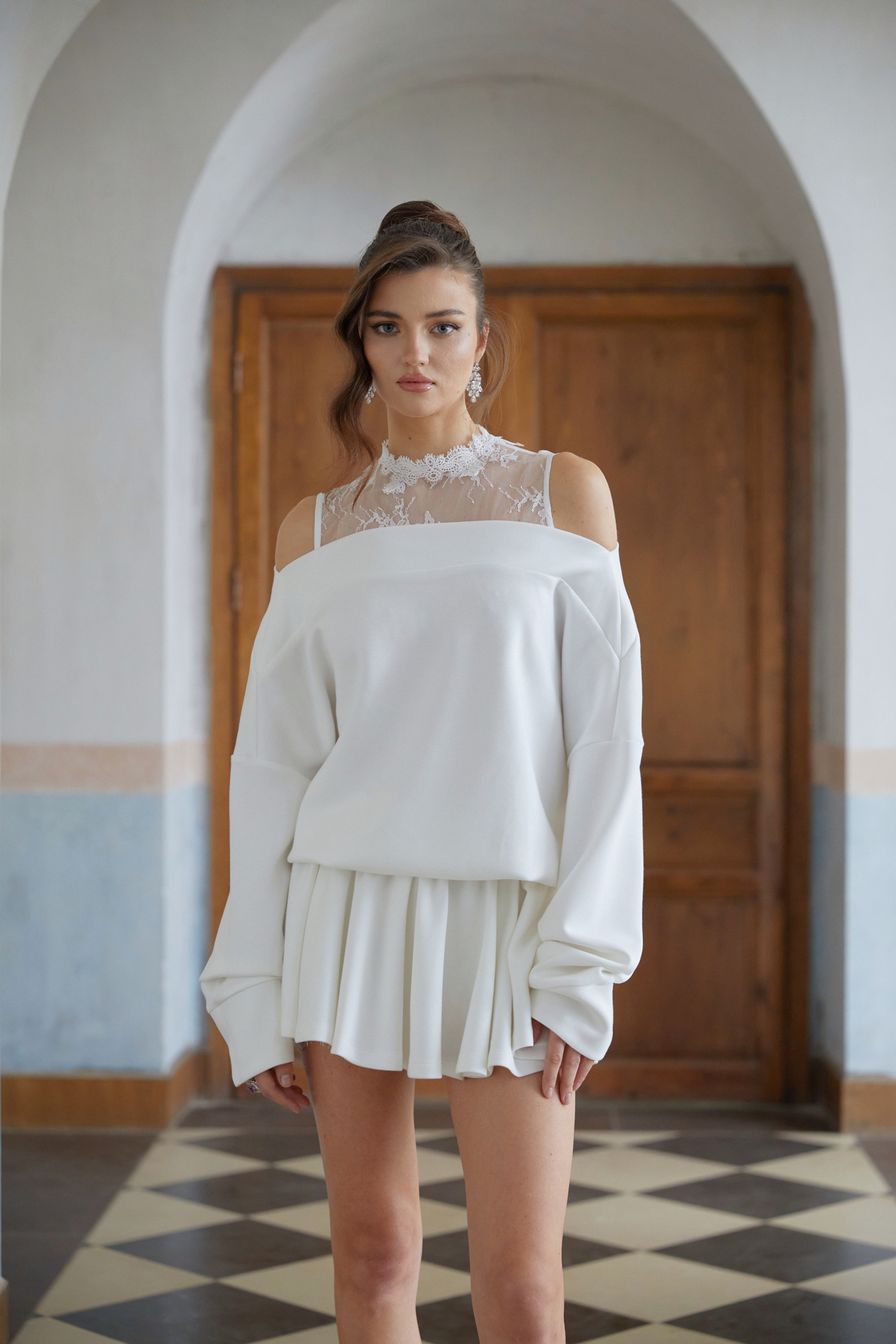 Ailbhe White Lace Detail Mini Sweatshirt Dress