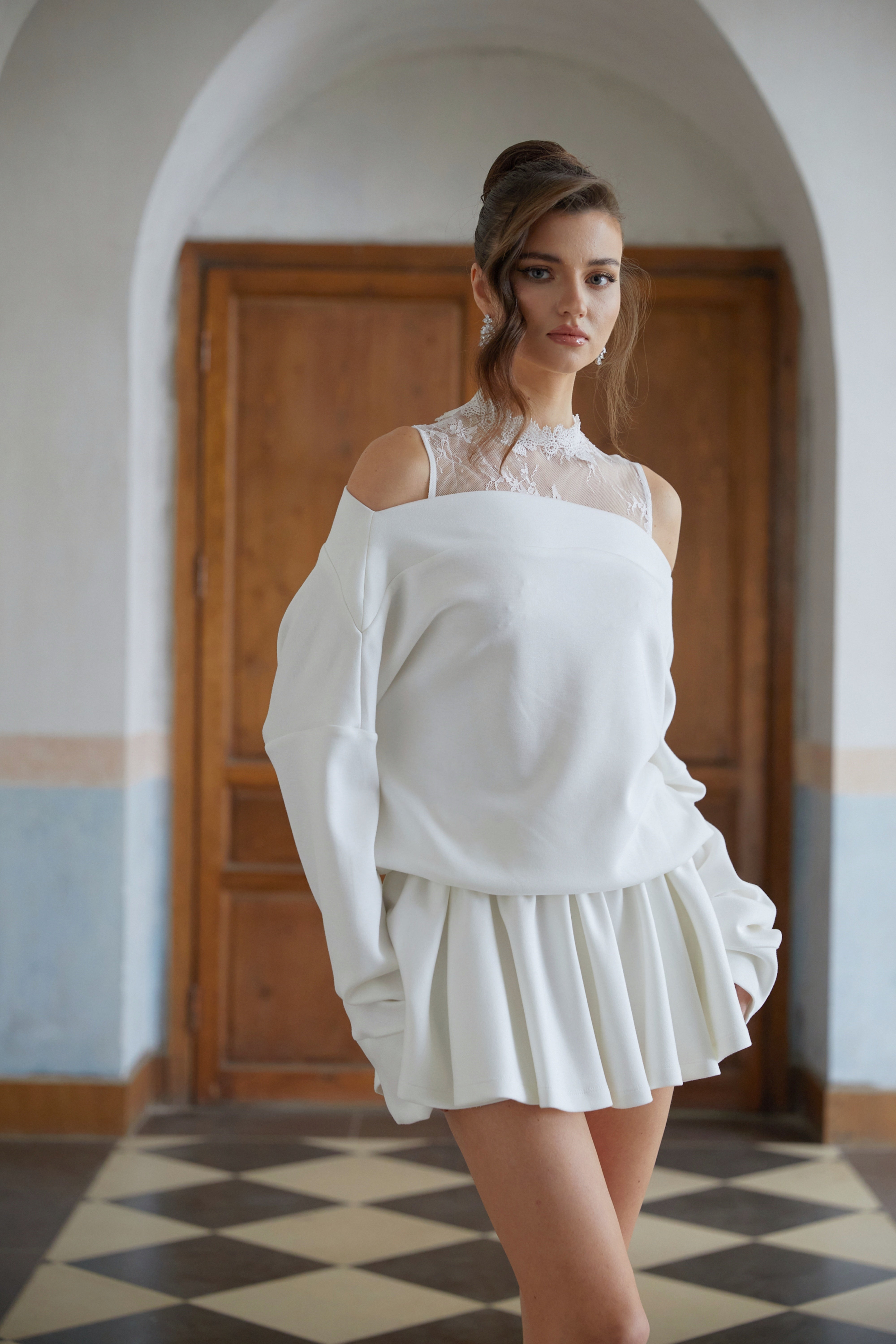 Ailbhe White Lace Detail Mini Sweatshirt Dress