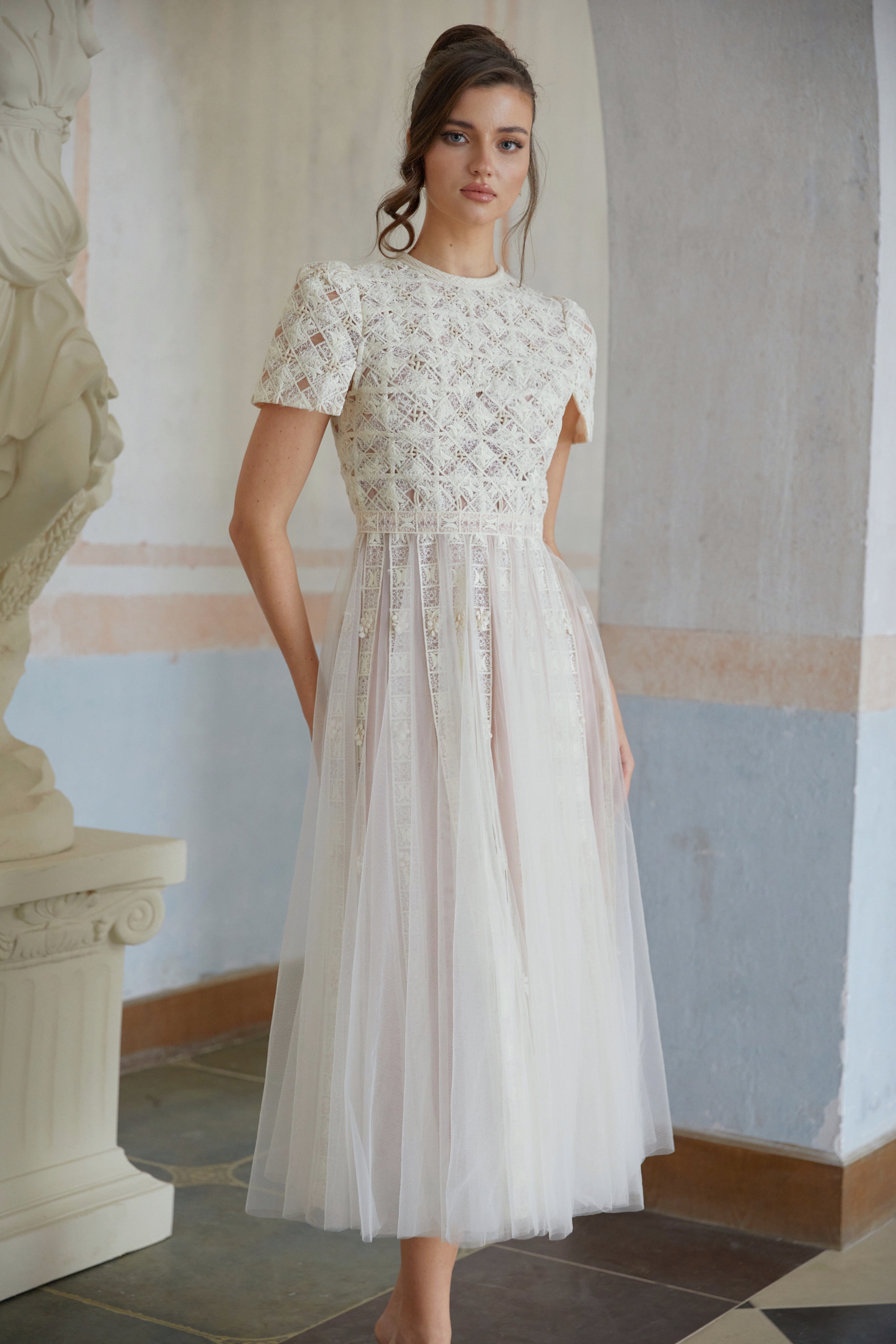 Jorunn White Braided Floral Crochet Midi Dress