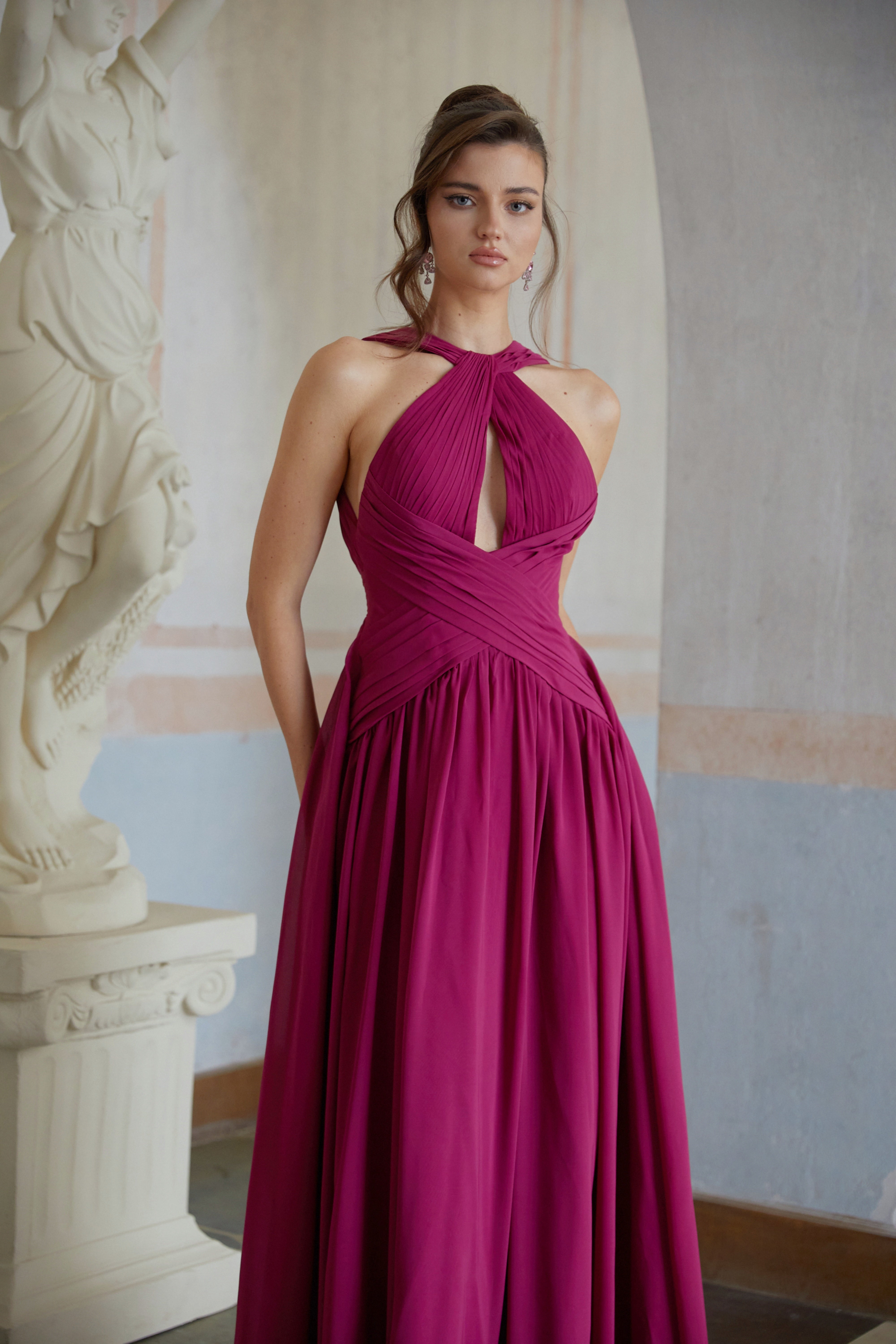 Ioana Purple Cross-Over Pleated Maxi Dress