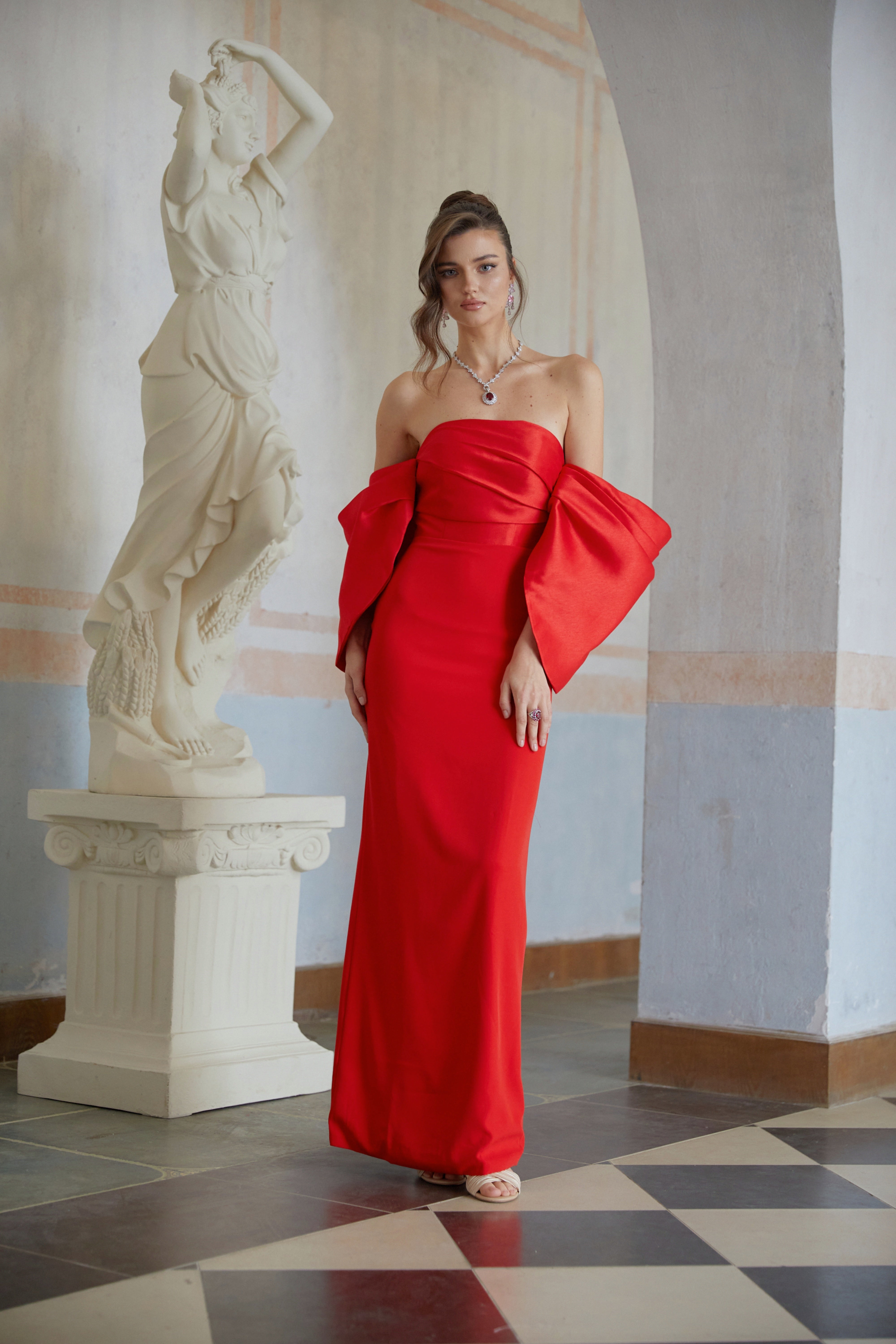 Verity Red Off Shoulder Gathered Maxi Gown