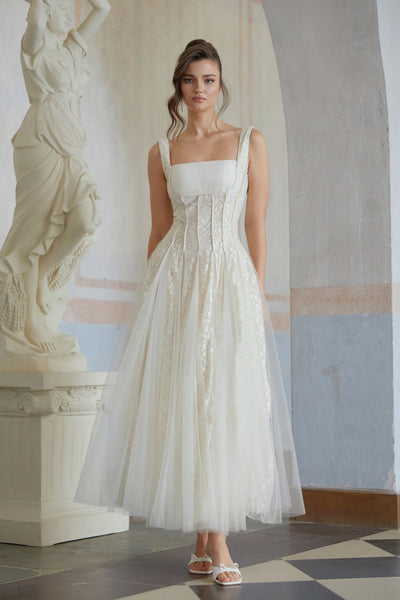 ワンピース Lumignon Tulle ribbon cable knit dress shoulder ribbon tiered one-piece dot tulle | BONNE