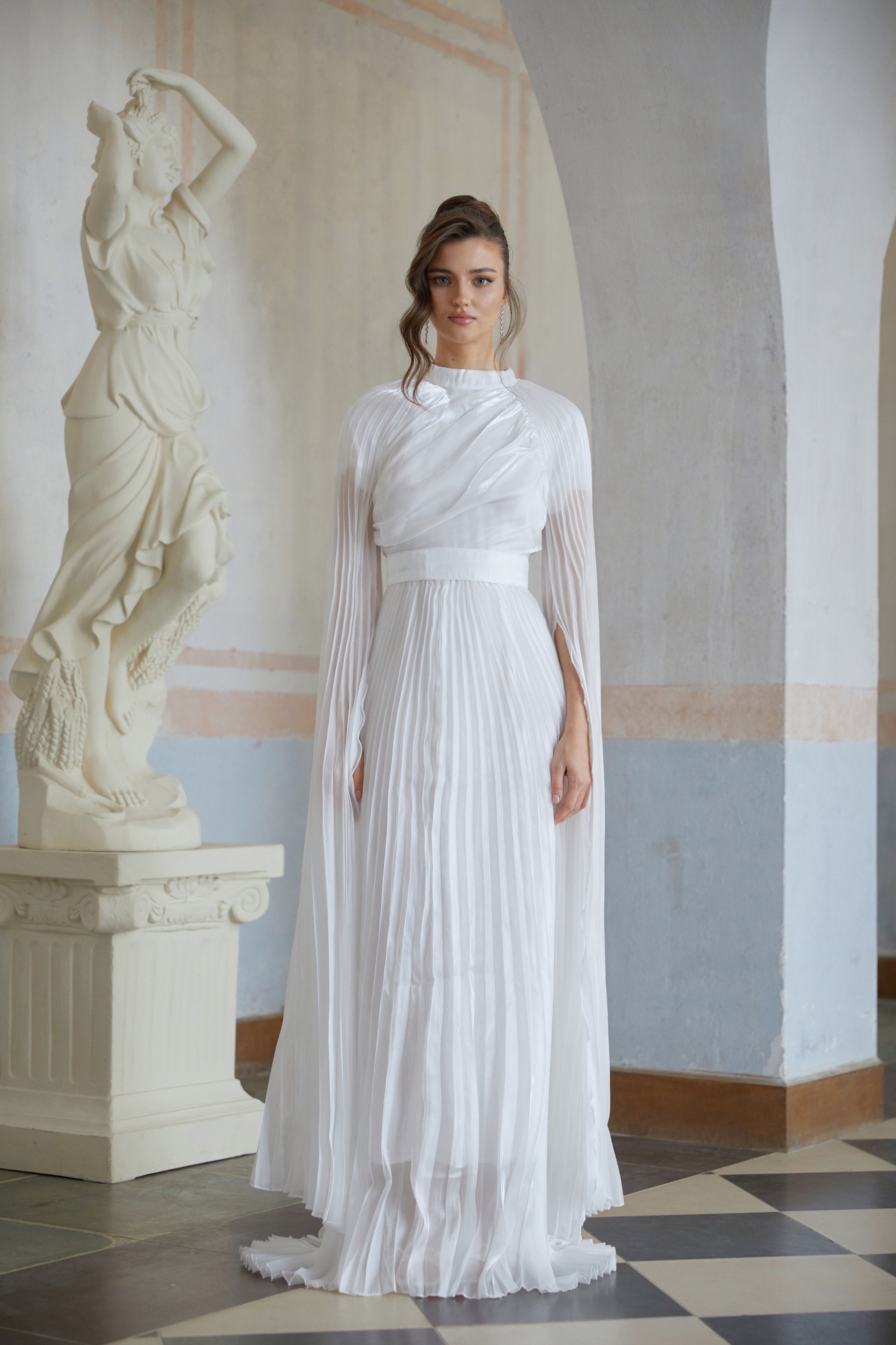 Croía White Glossy Panel Pleated Maxi Dress