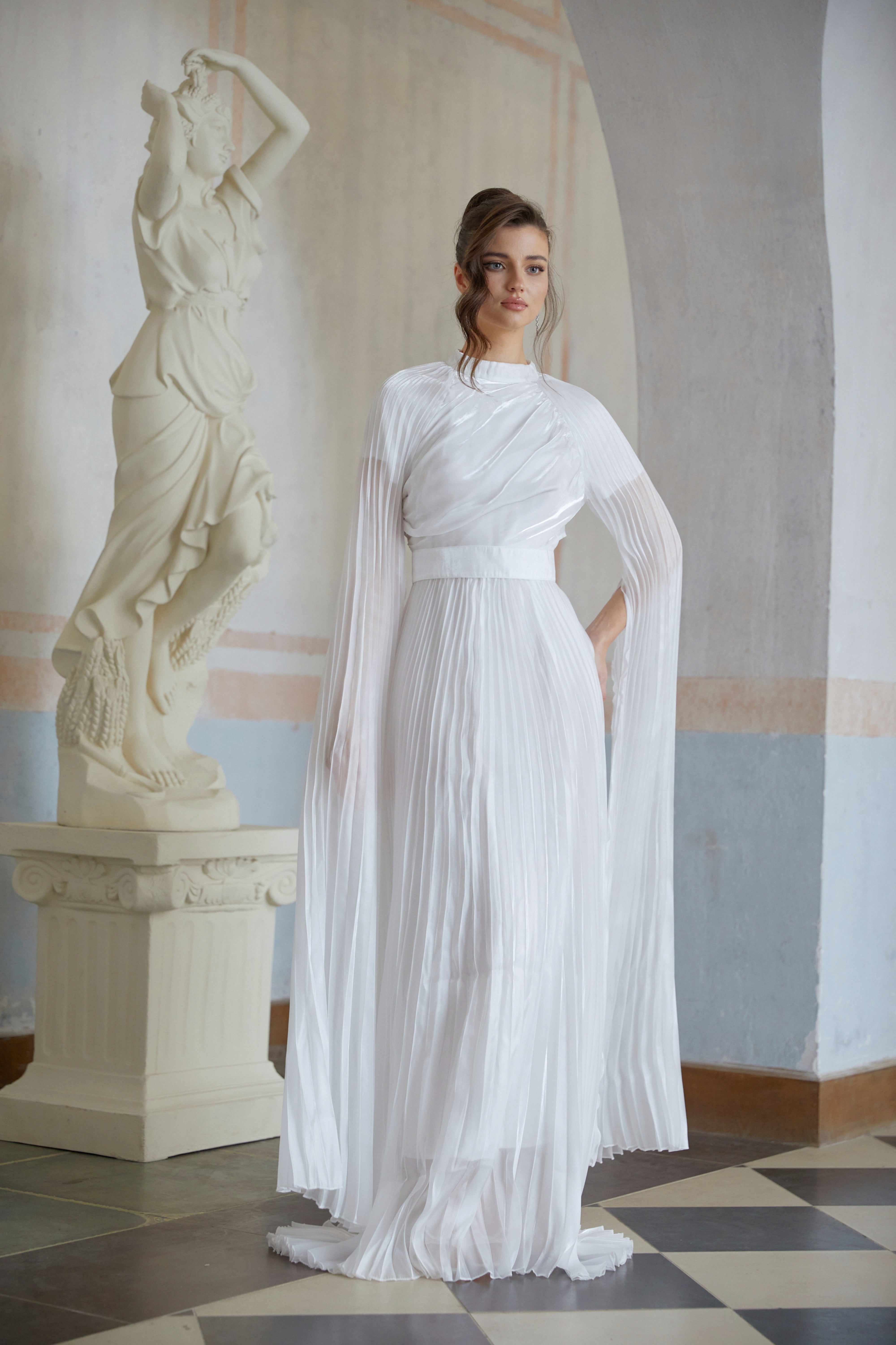 Croía White Glossy Panel Pleated Maxi Dress