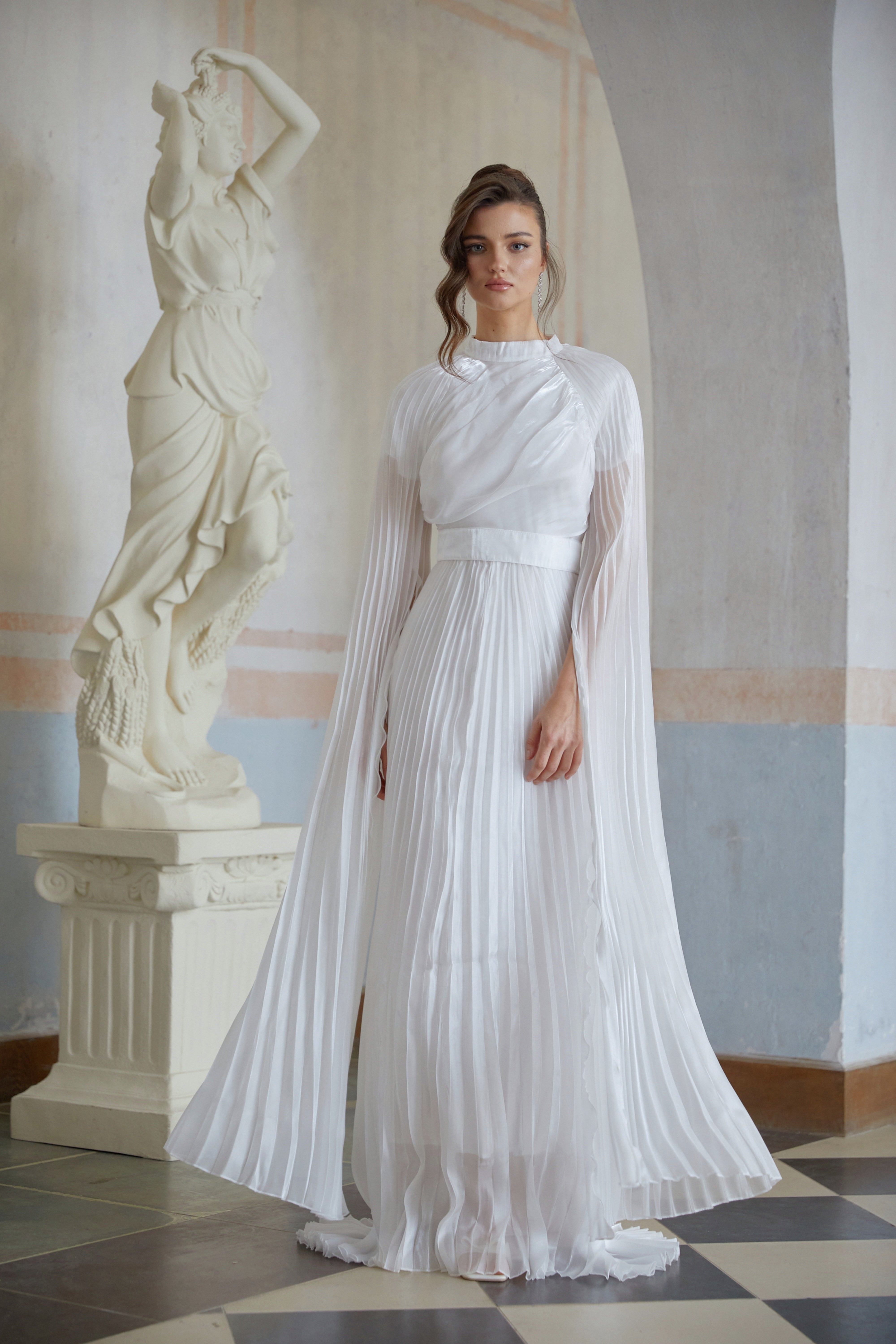 Croía White Glossy Panel Pleated Maxi Dress