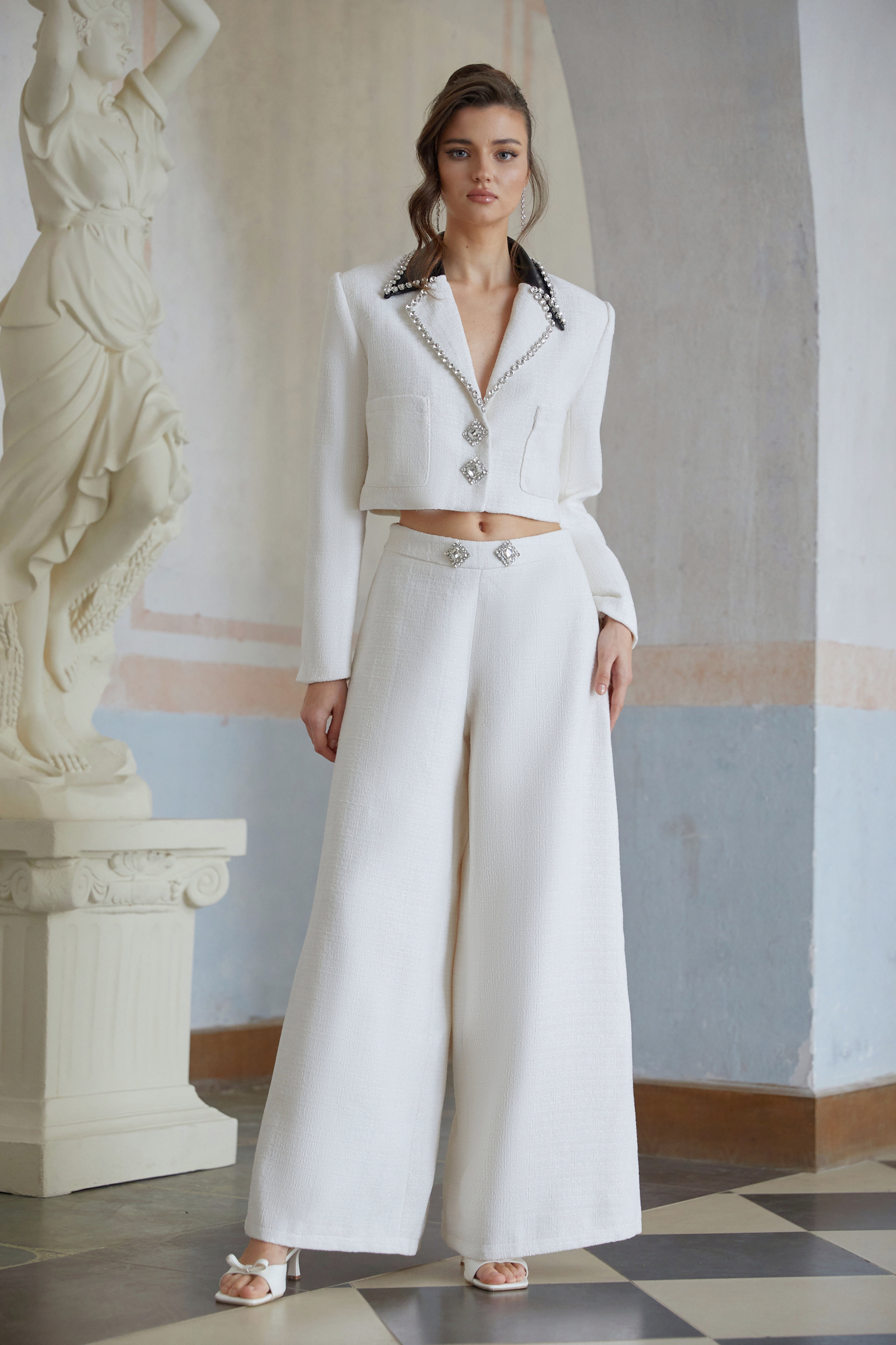 Tindra White Embellished Tweed Jacket & Trousers Set