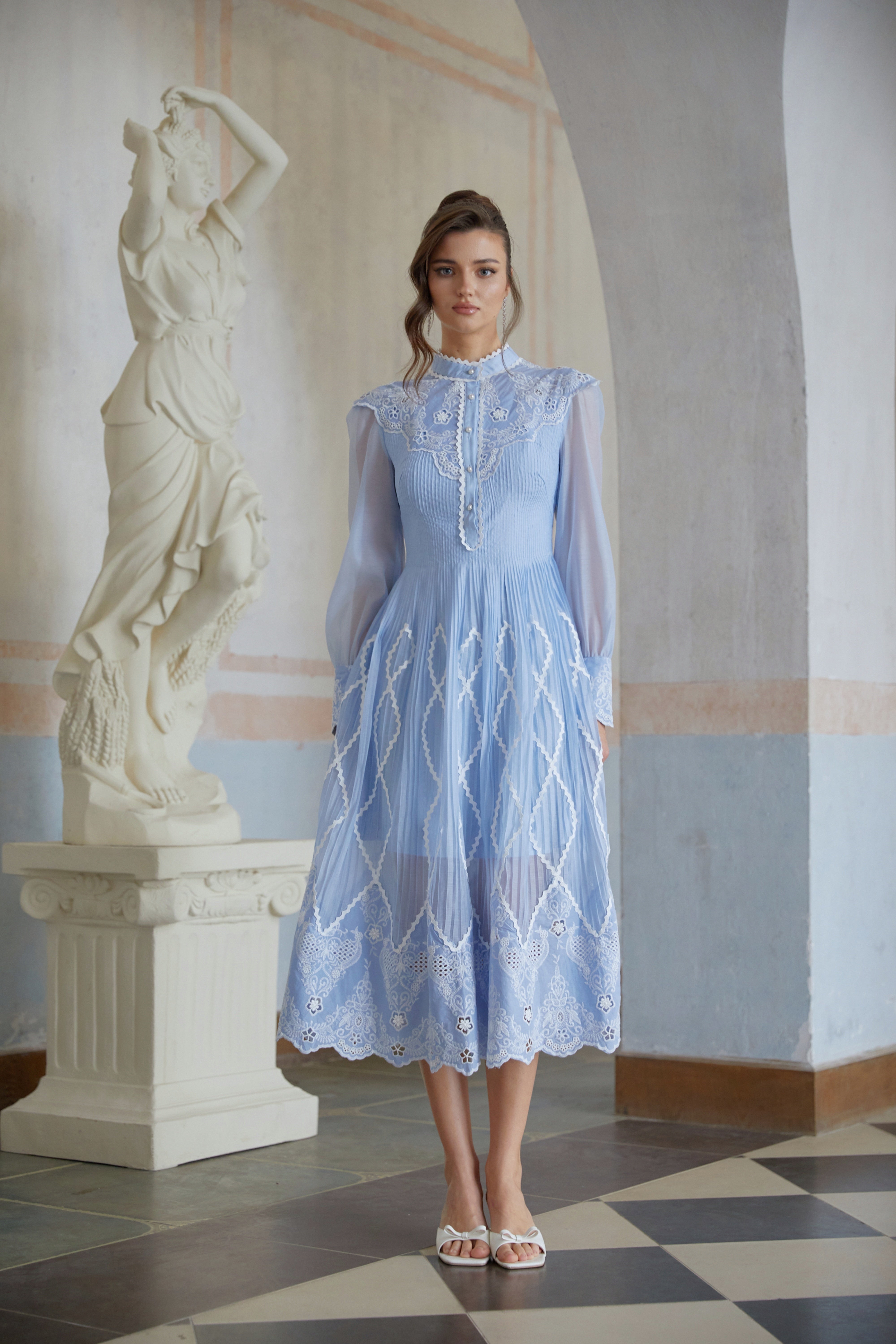 Francesca Blue Lace Trim Pleated Midi Dress