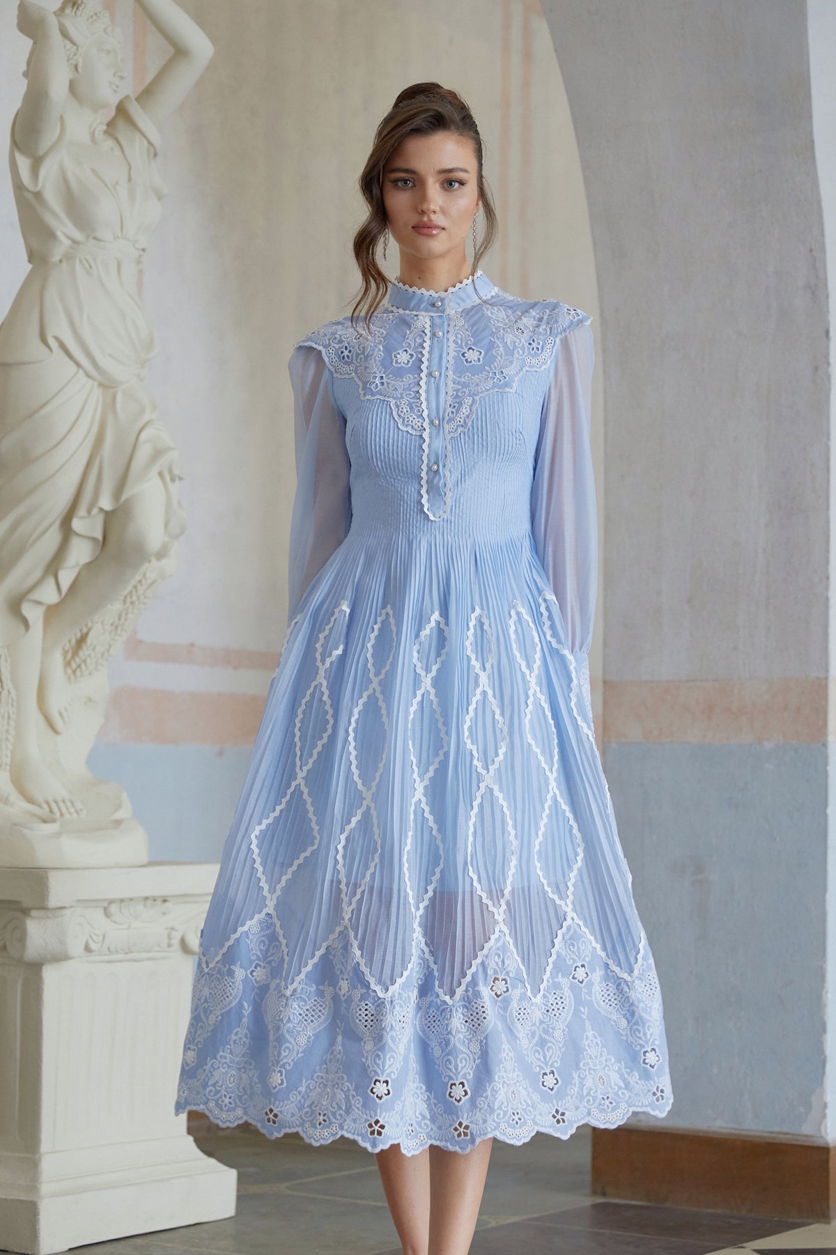 Francesca Blue Lace Trim Pleated Midi Dress, XL / Blue
