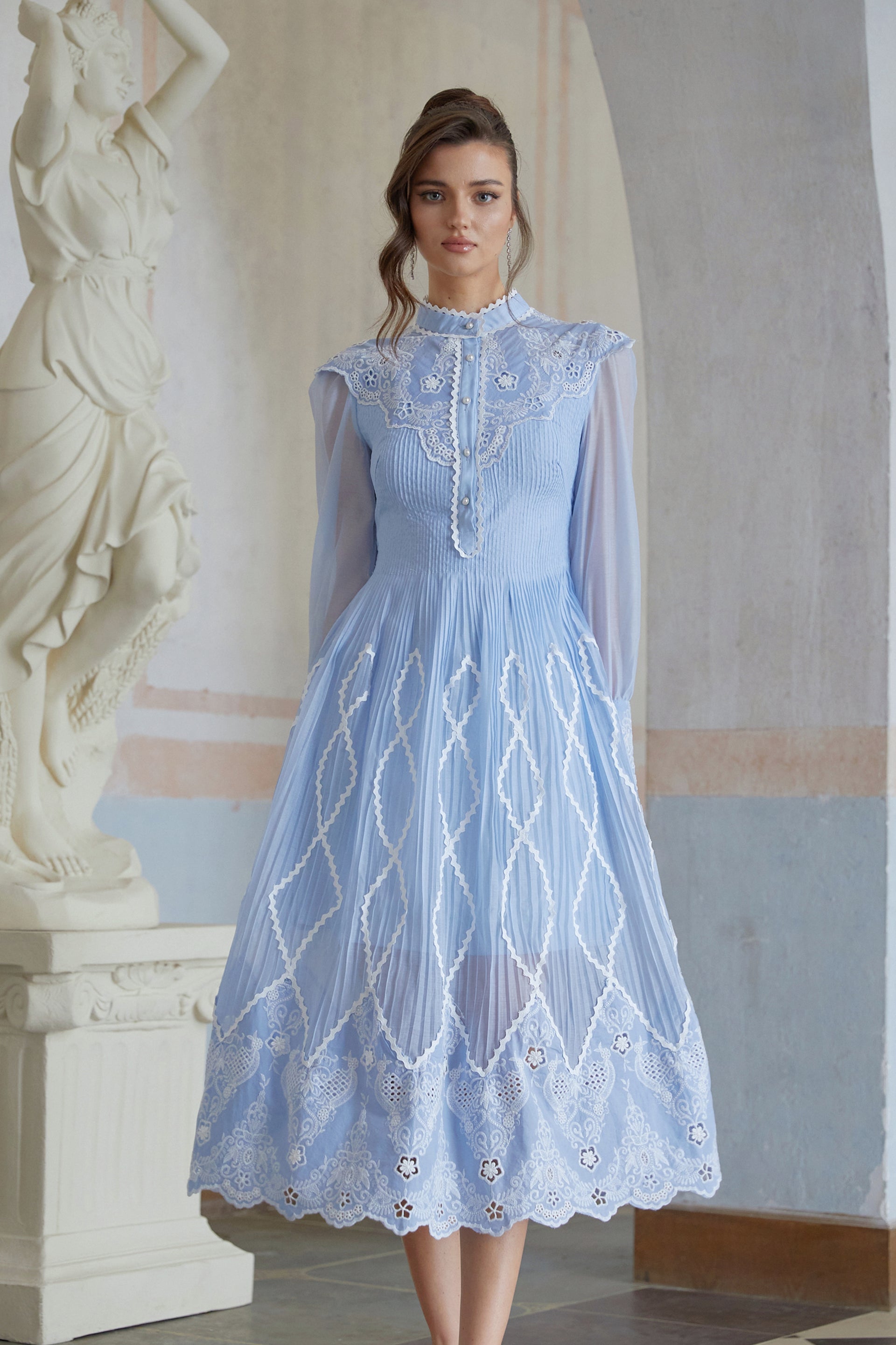 Francesca Blue Lace Trim Pleated Midi Dress, XL / Blue