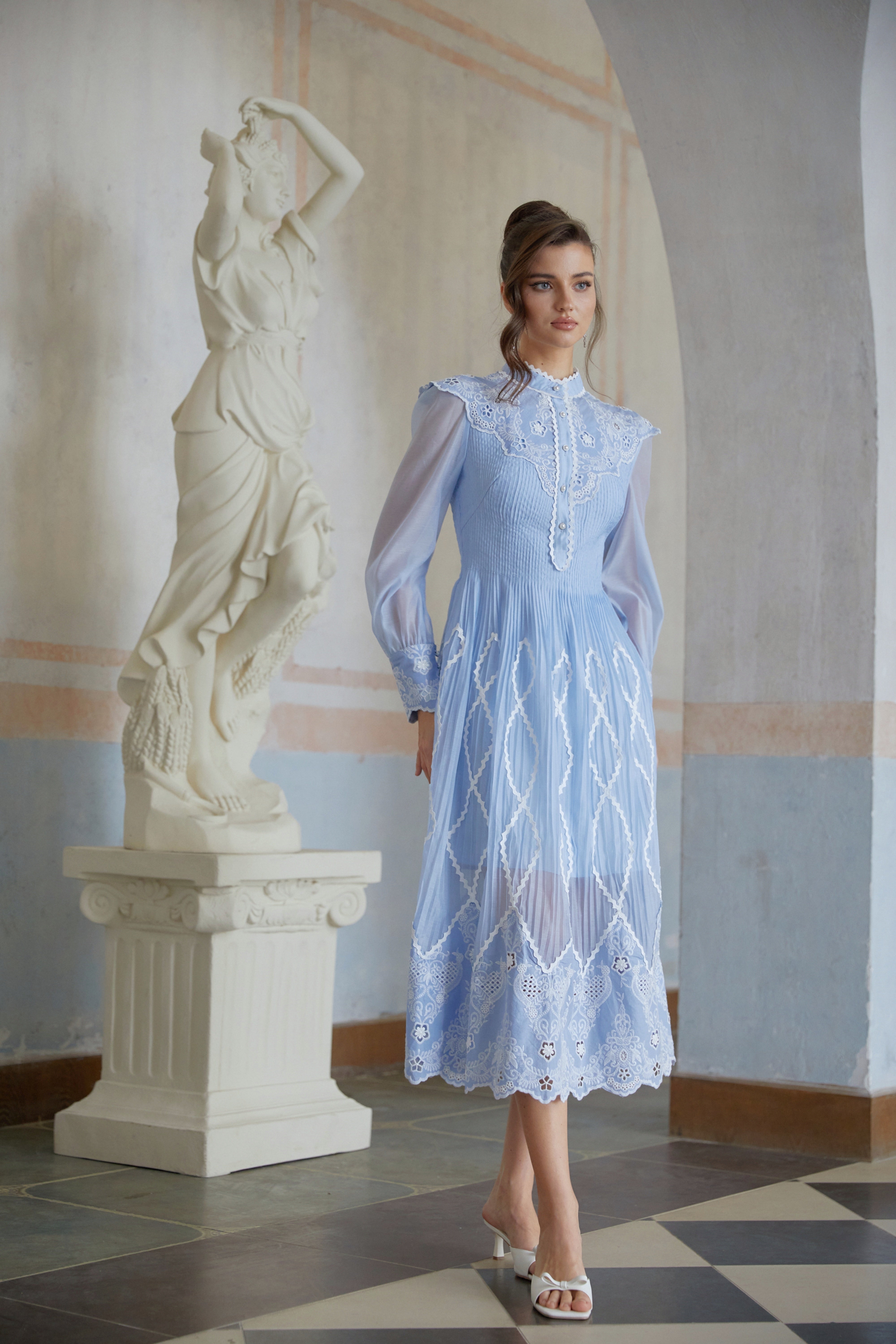 Francesca Blue Lace Trim Pleated Midi Dress