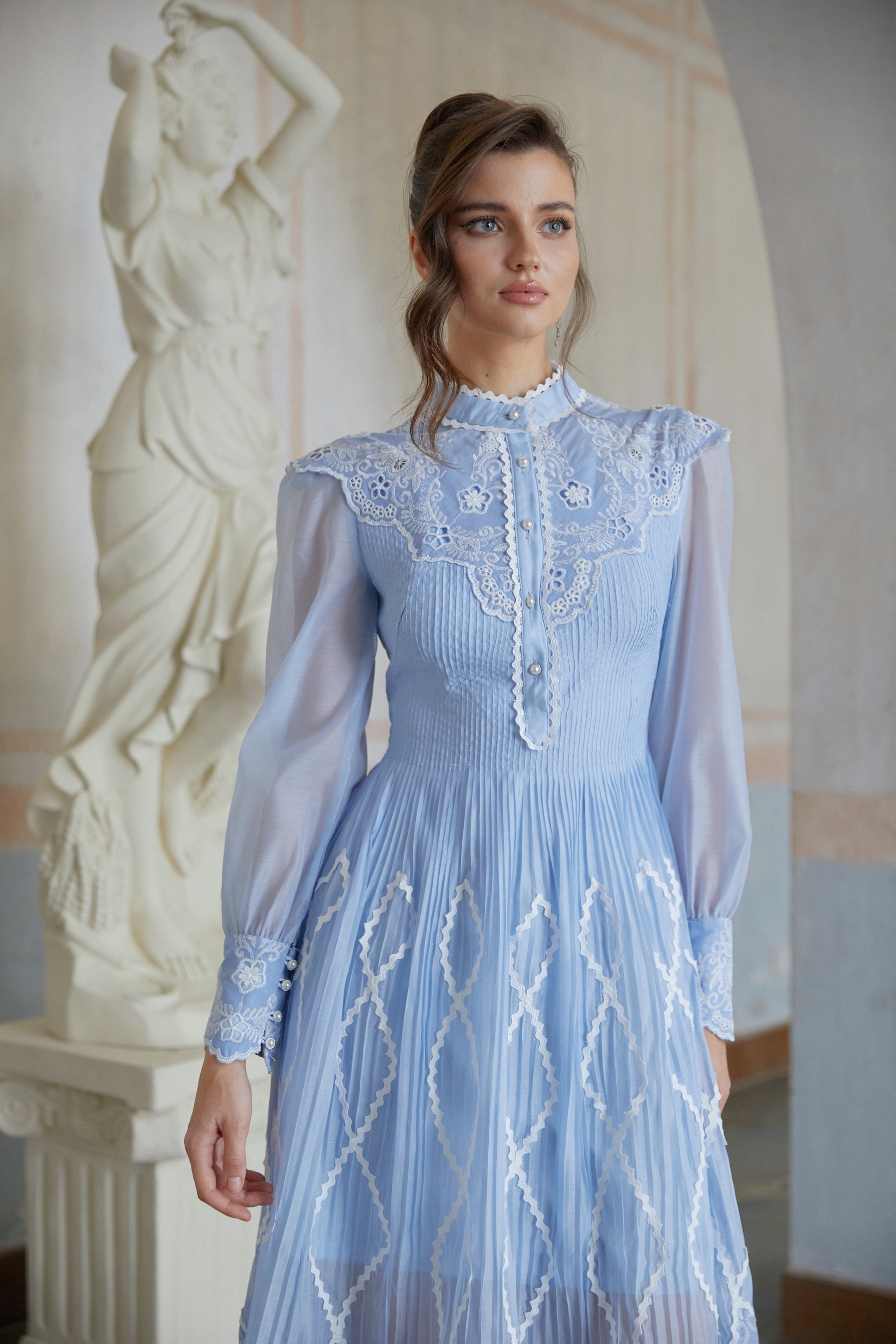 Francesca Blue Lace Trim Pleated Midi Dress