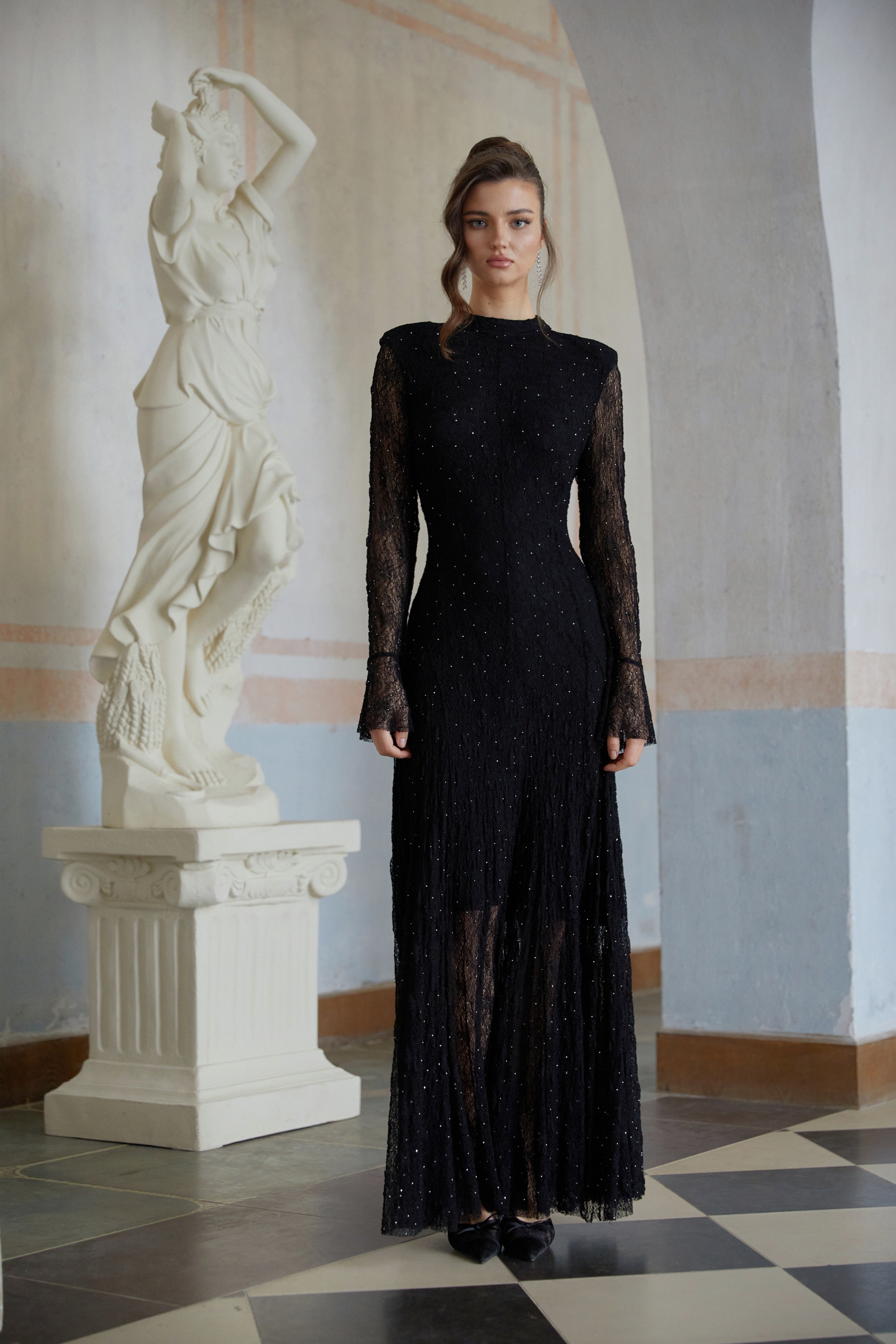 Justyna Black Rhinestone Guipure Lace Maxi Dress