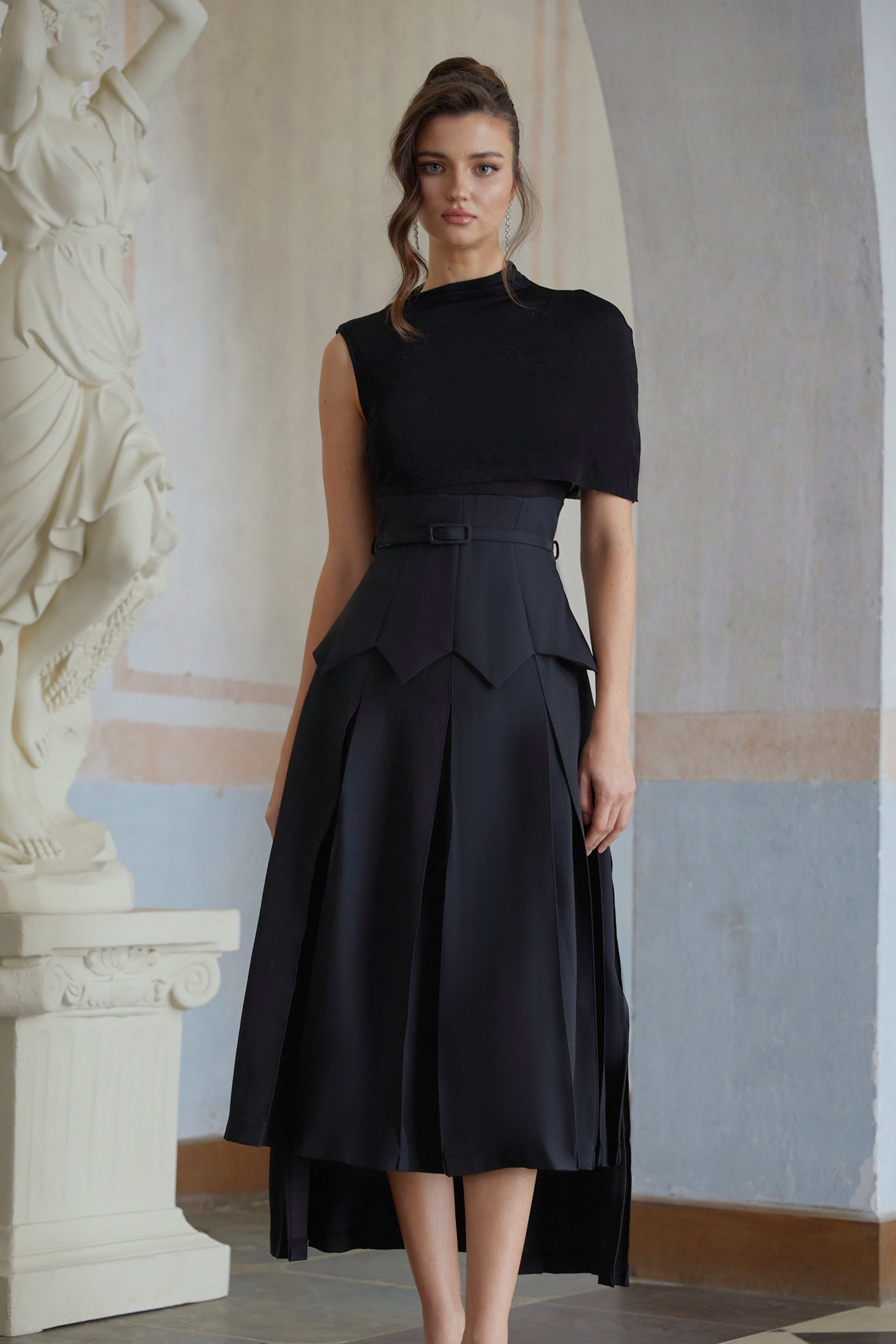 Éabha Black Asymmetrical Shawl Layered Midi Dress