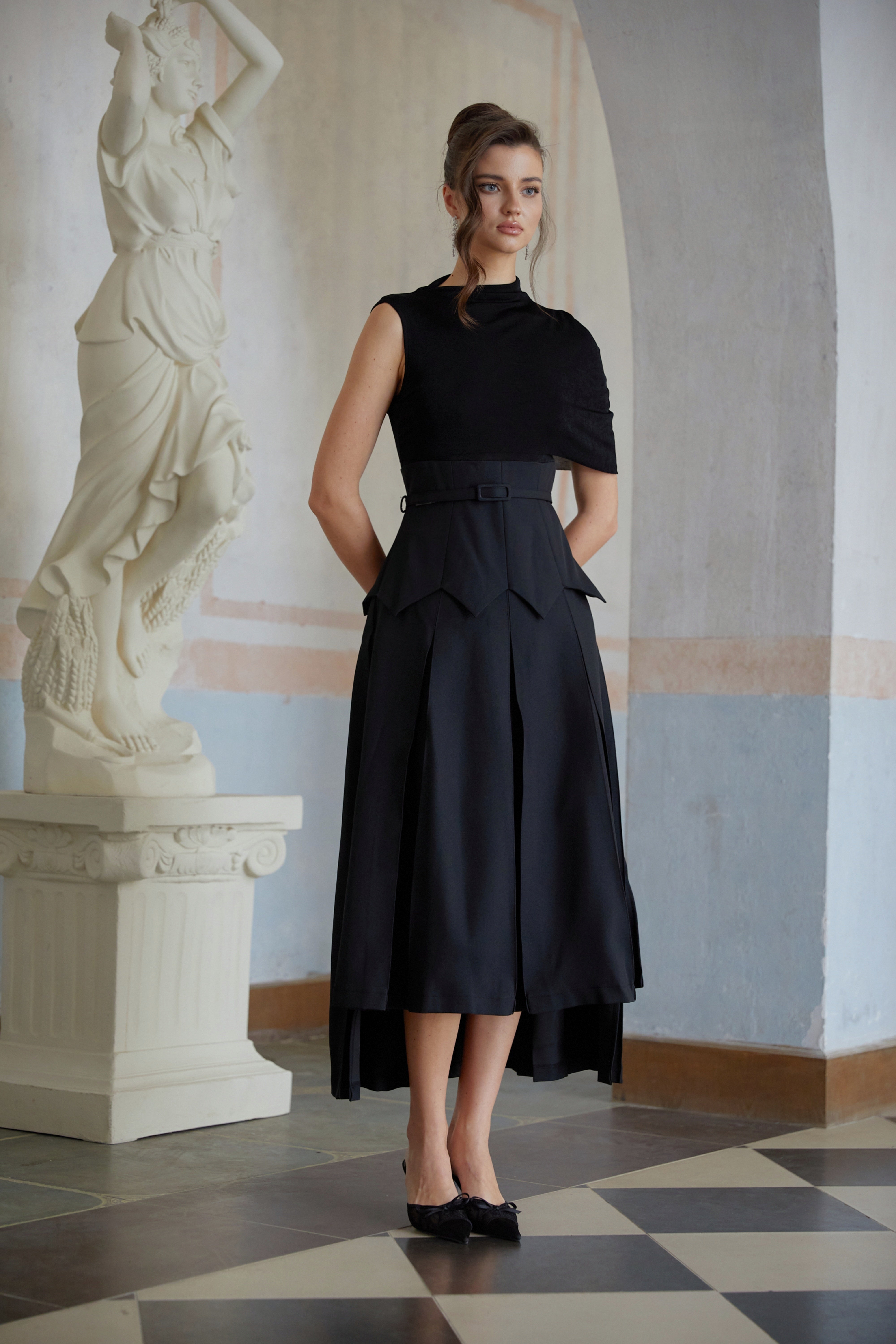 Éabha Black Asymmetrical Shawl Layered Midi Dress