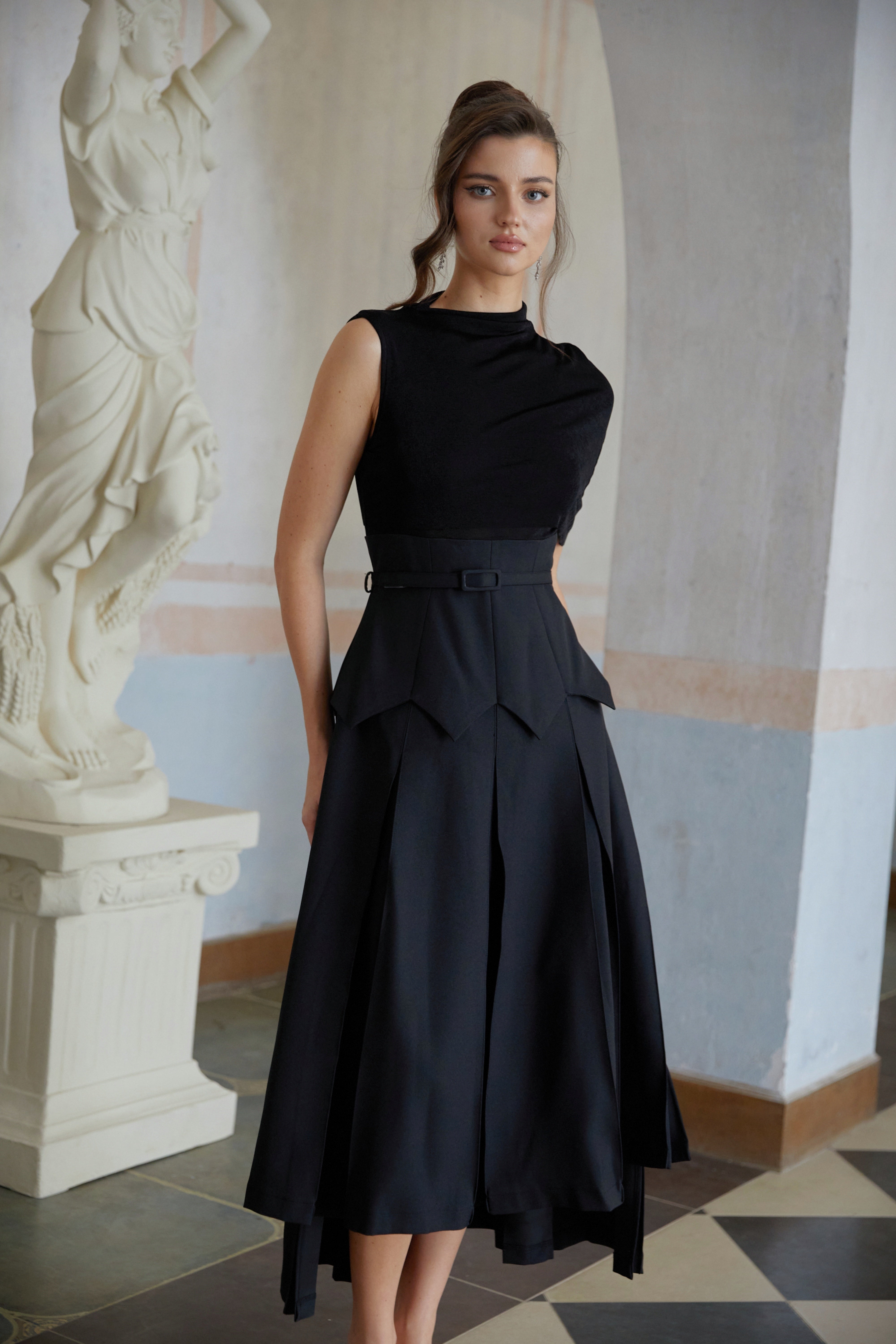 Éabha Black Asymmetrical Shawl Layered Midi Dress