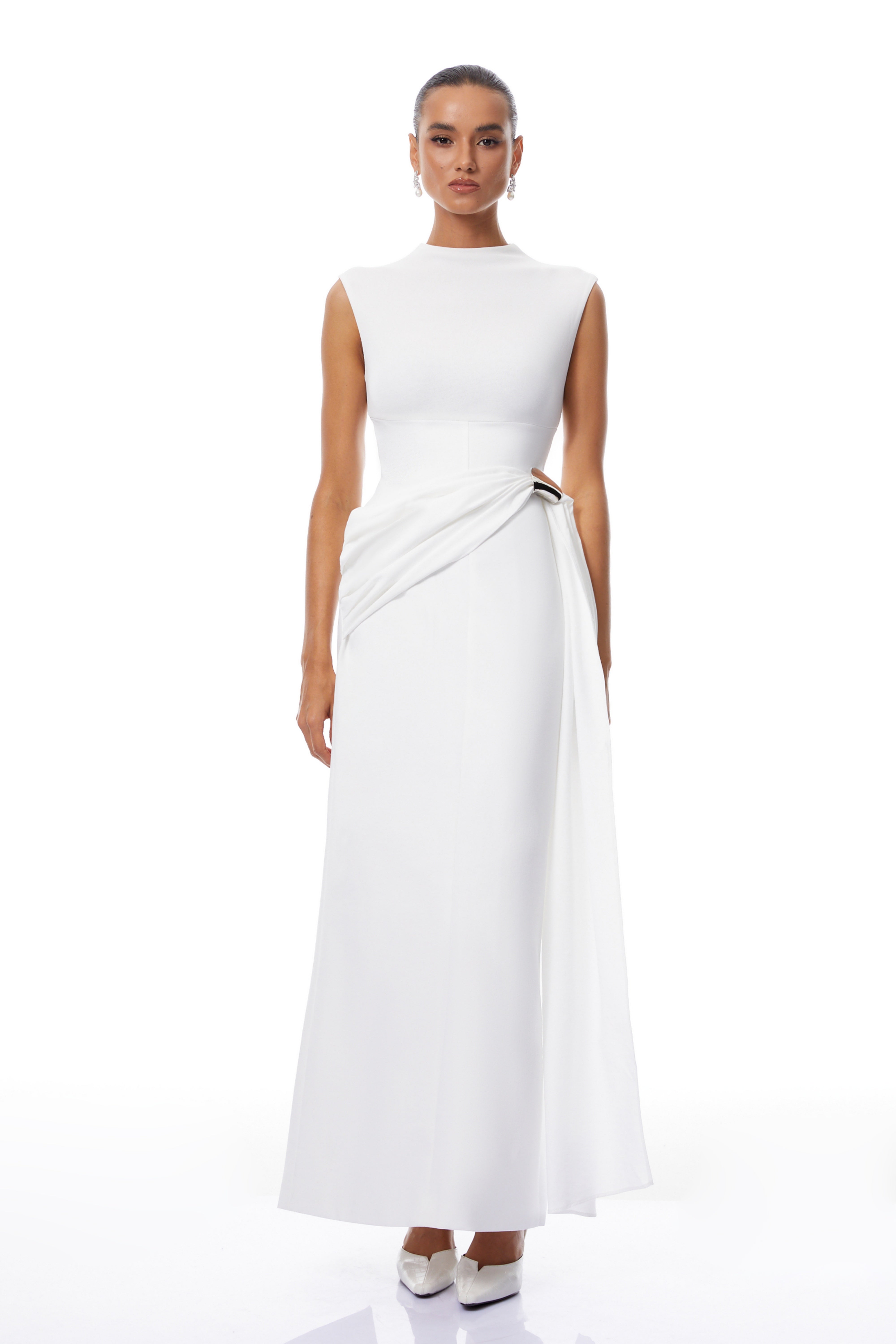 Arna White Knit Panel Gathered Maxi Dress
