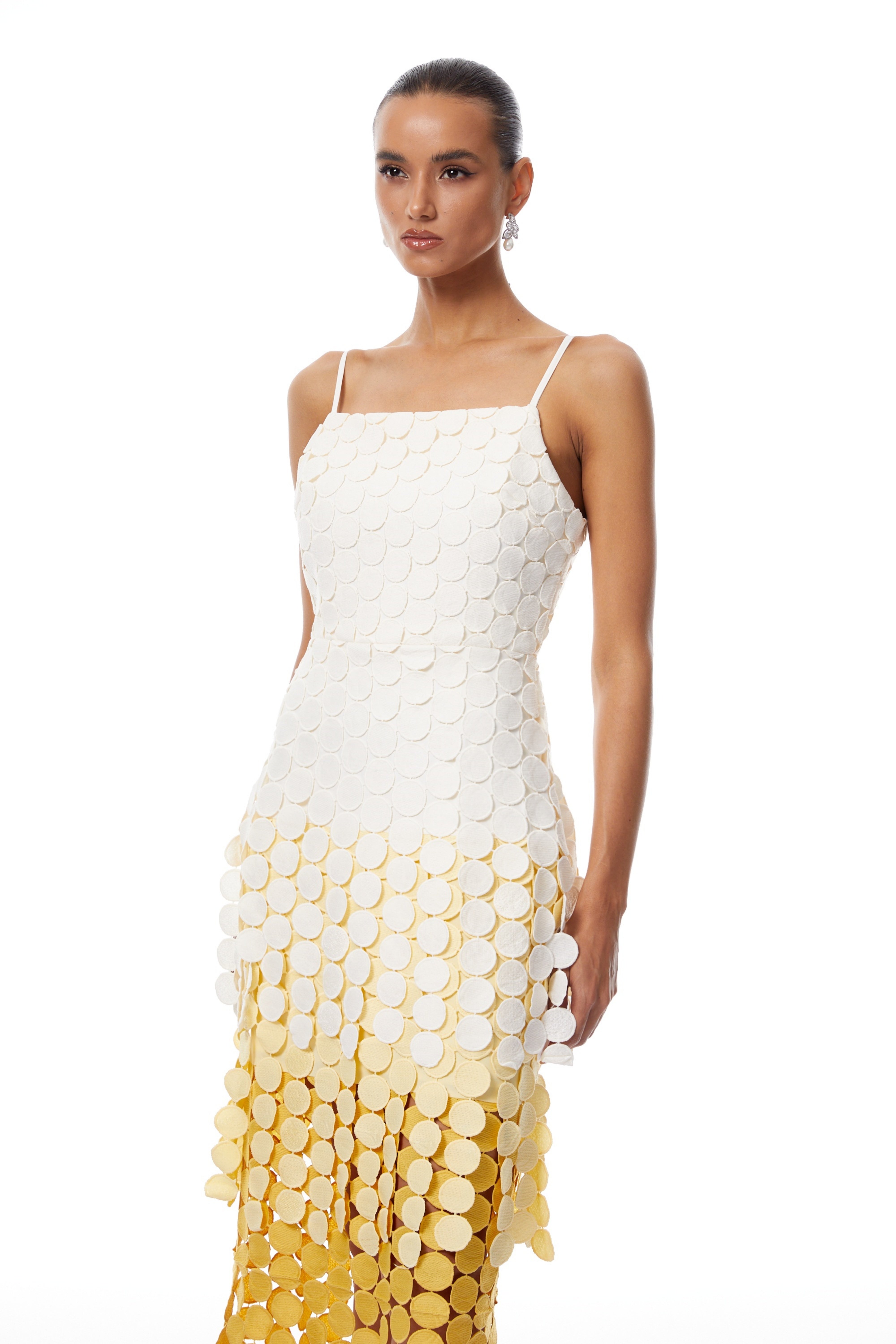 Vezzetti Gelbes, besticktes Maxikleid mit Fransenbesatz