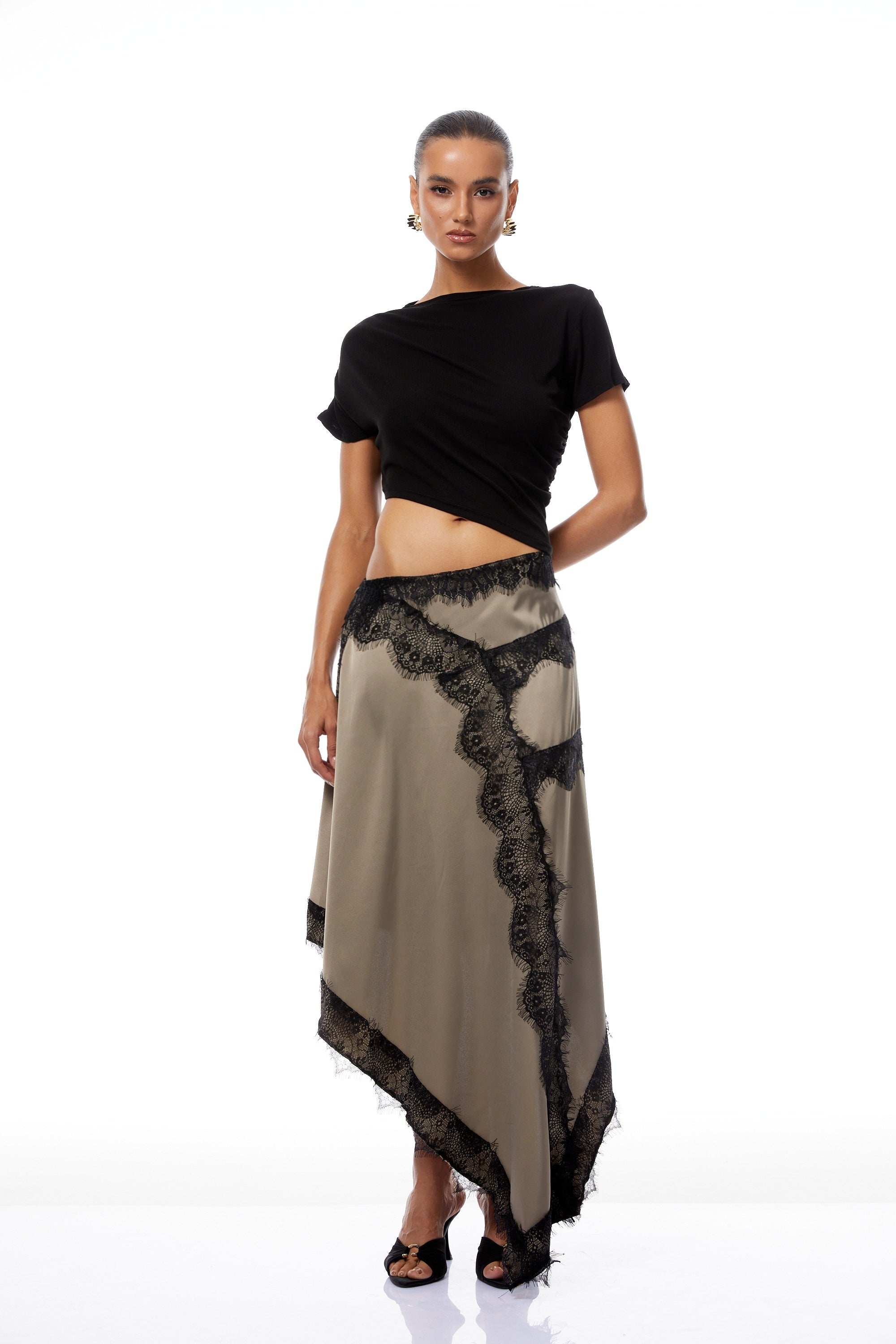 Fiamma Black Gathered Lace Panel Maxi Dress