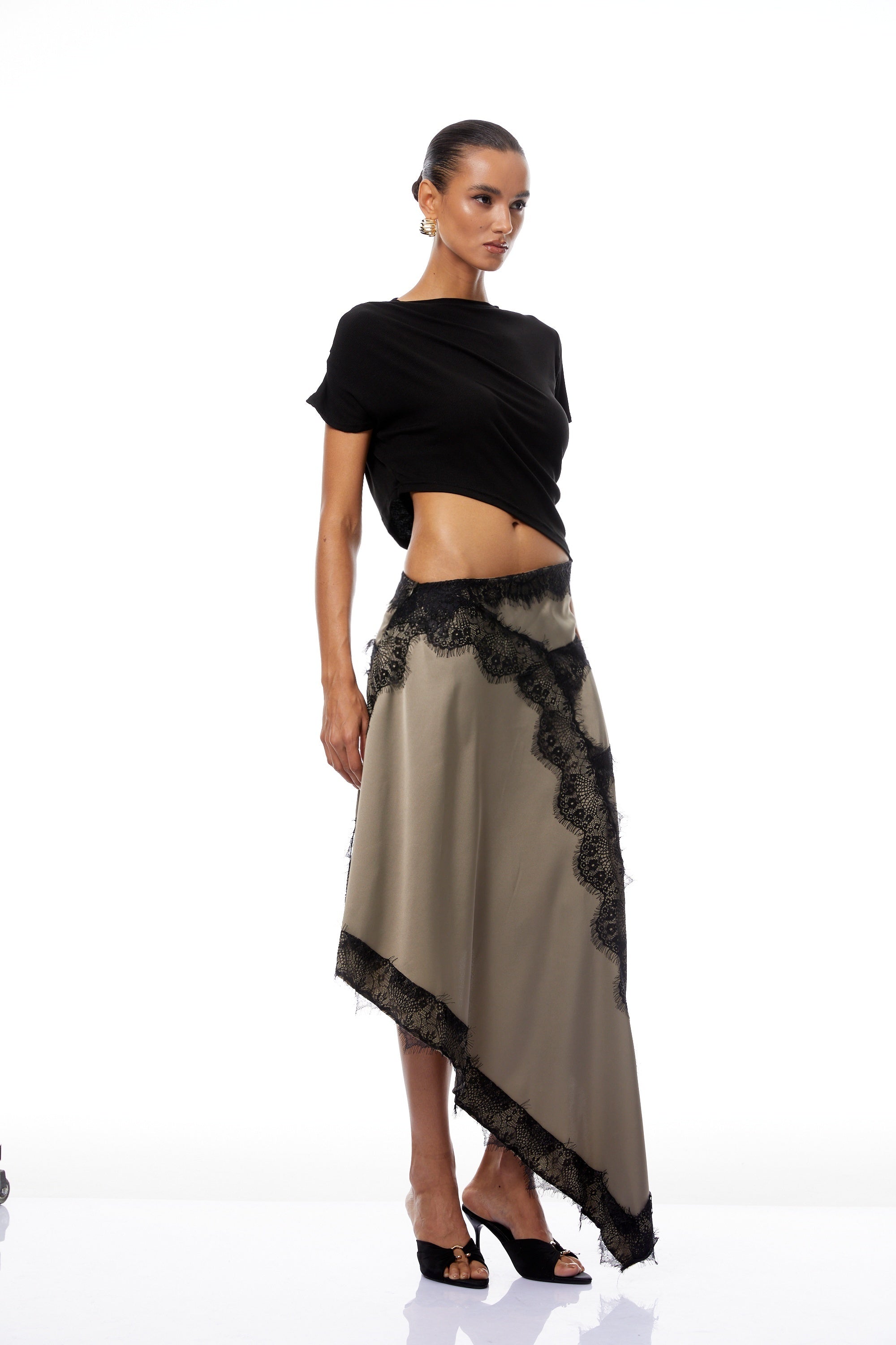 Fiamma Black Gathered Lace Panel Maxi Dress