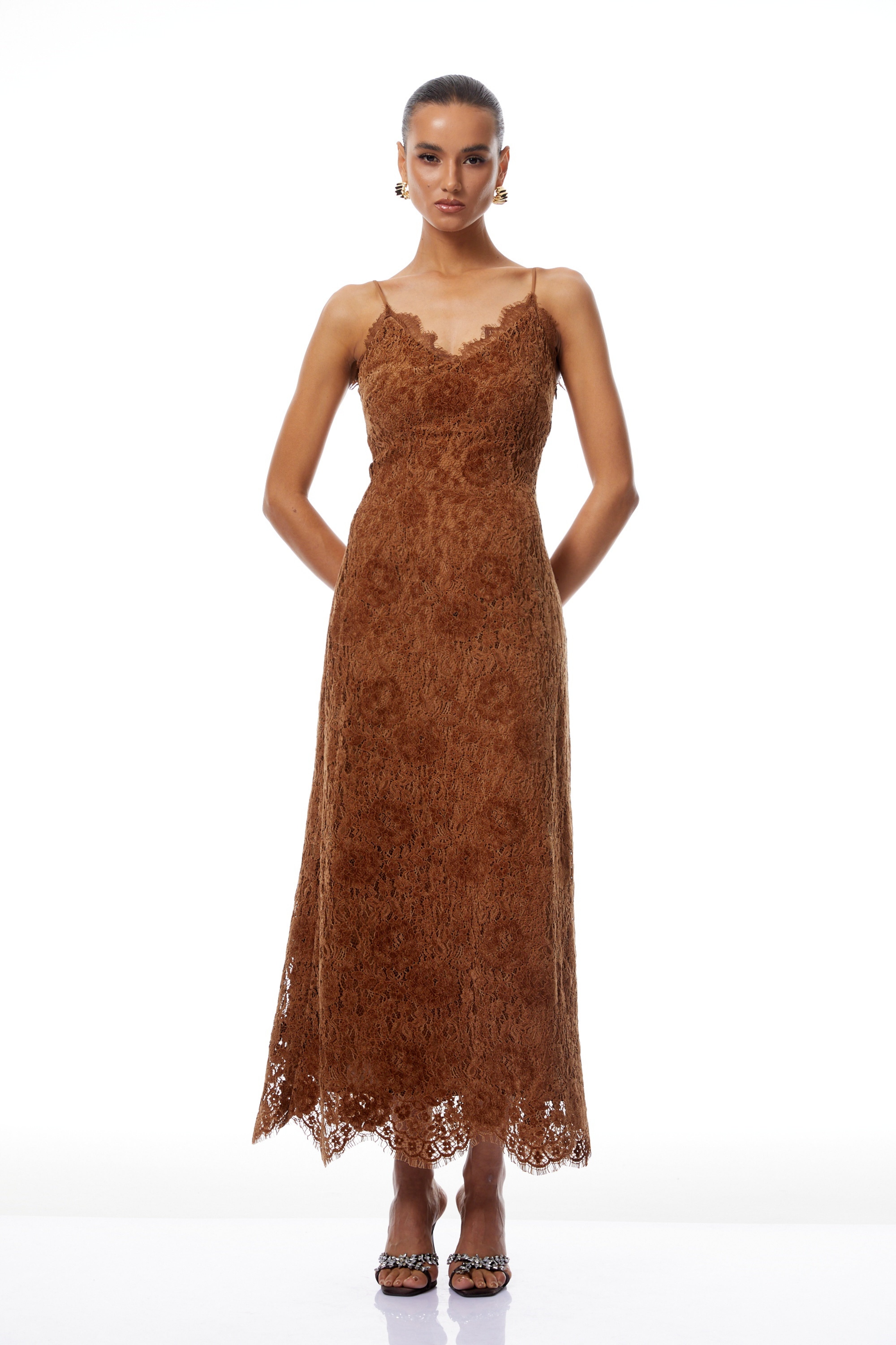 Estrid Brown Maxikleid aus beflockter Blumenspitze