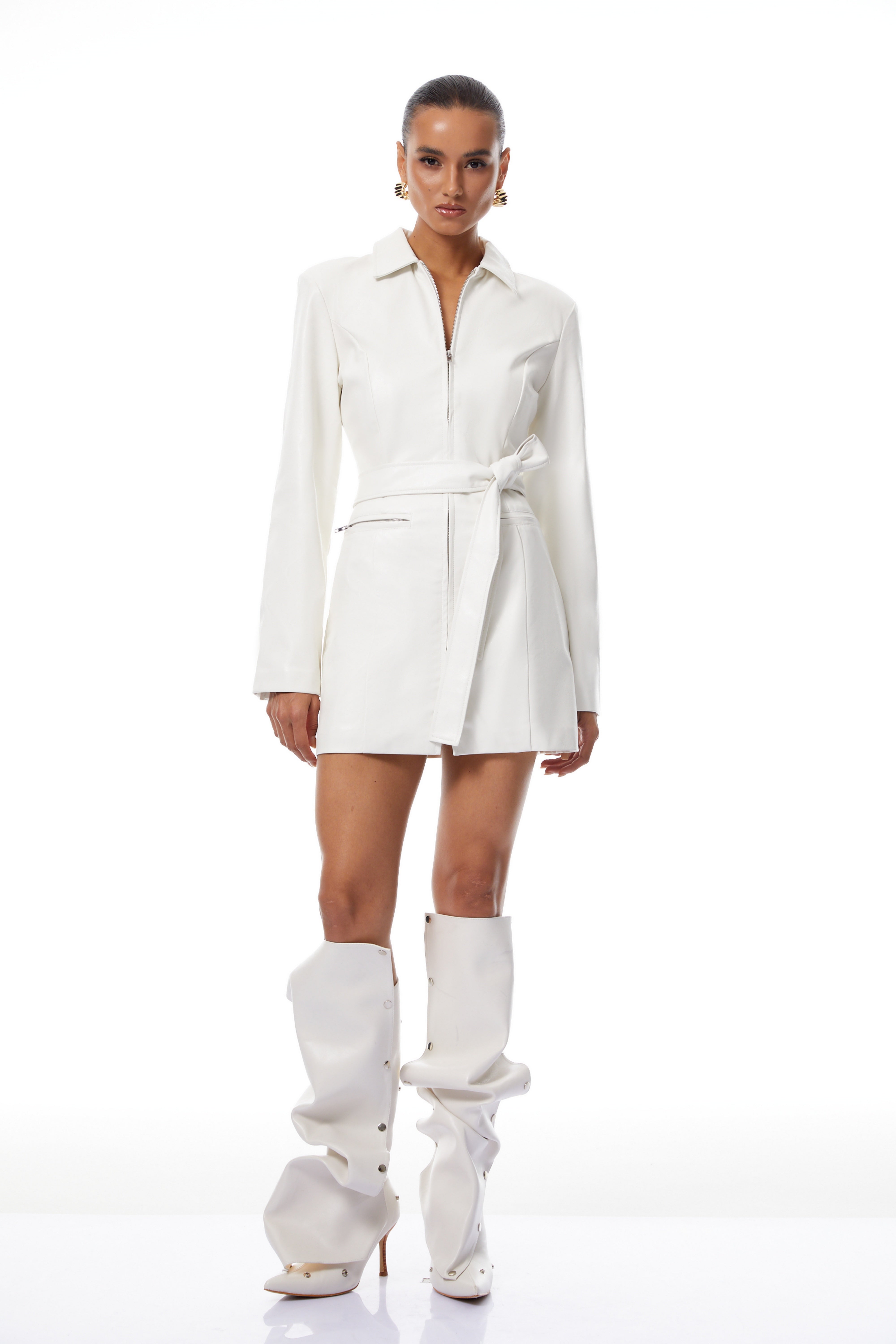 Elisabetta White Tied Waist Leather Mini Dress